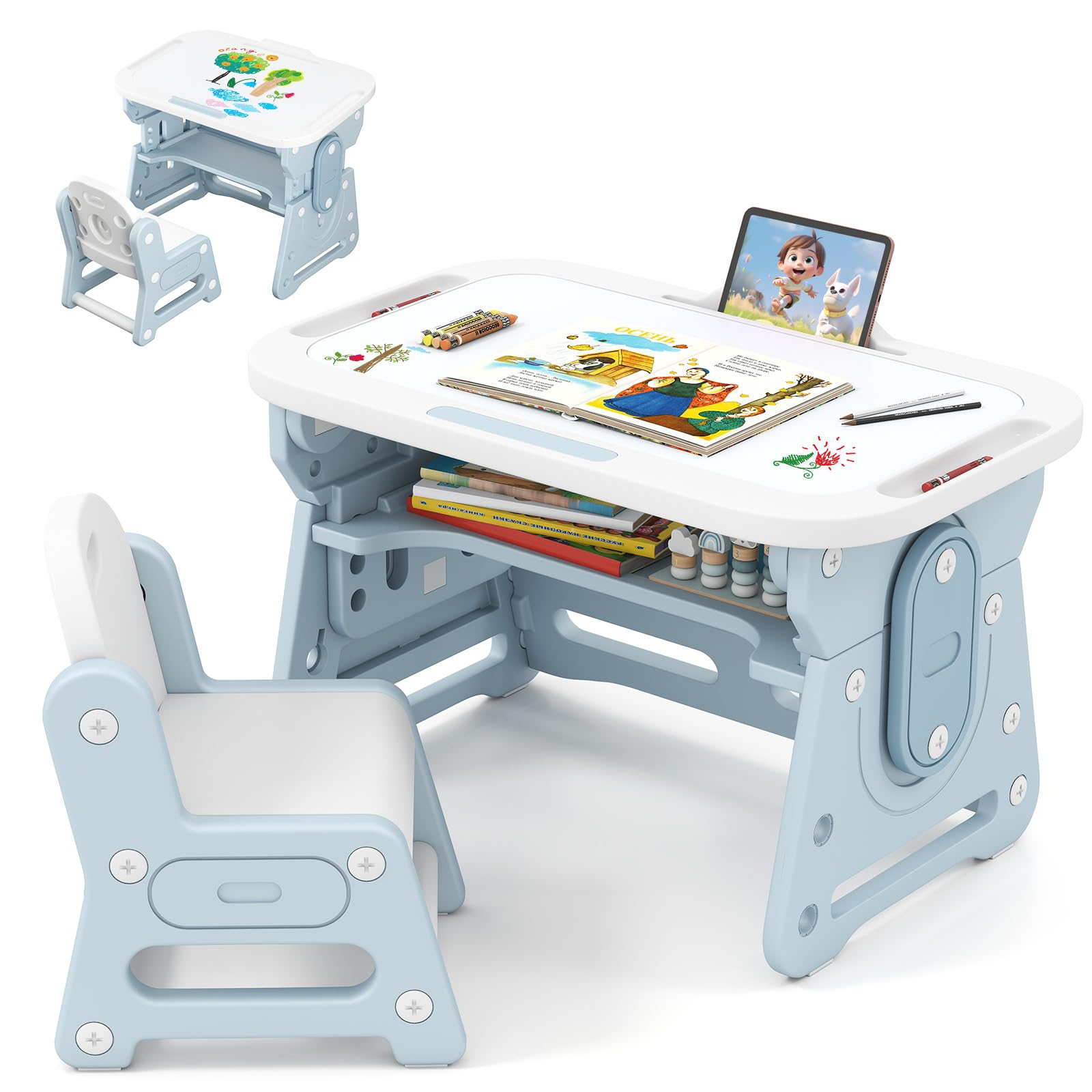RELAX4LIFE 4 en 1 Mesa y Silla Infantil, Pupitre Infantil con Altura Ajustable, Pizarra Magnética Inclinable, Estante, Borrador y Marcadores, Juego de Escritorio y Silla para Niños de 3+ Años (Azul)