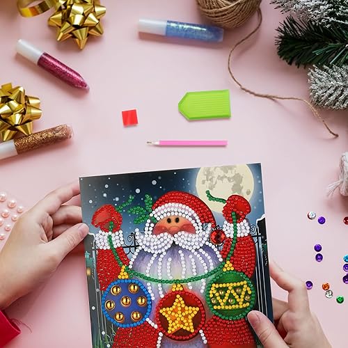 Miniatura 7 de Clabby 12 tarjetas de Navidad con pintura de diamantes por número, kit de tarjetas de felicitación 5D, arte de taladro redondo para adultos,
