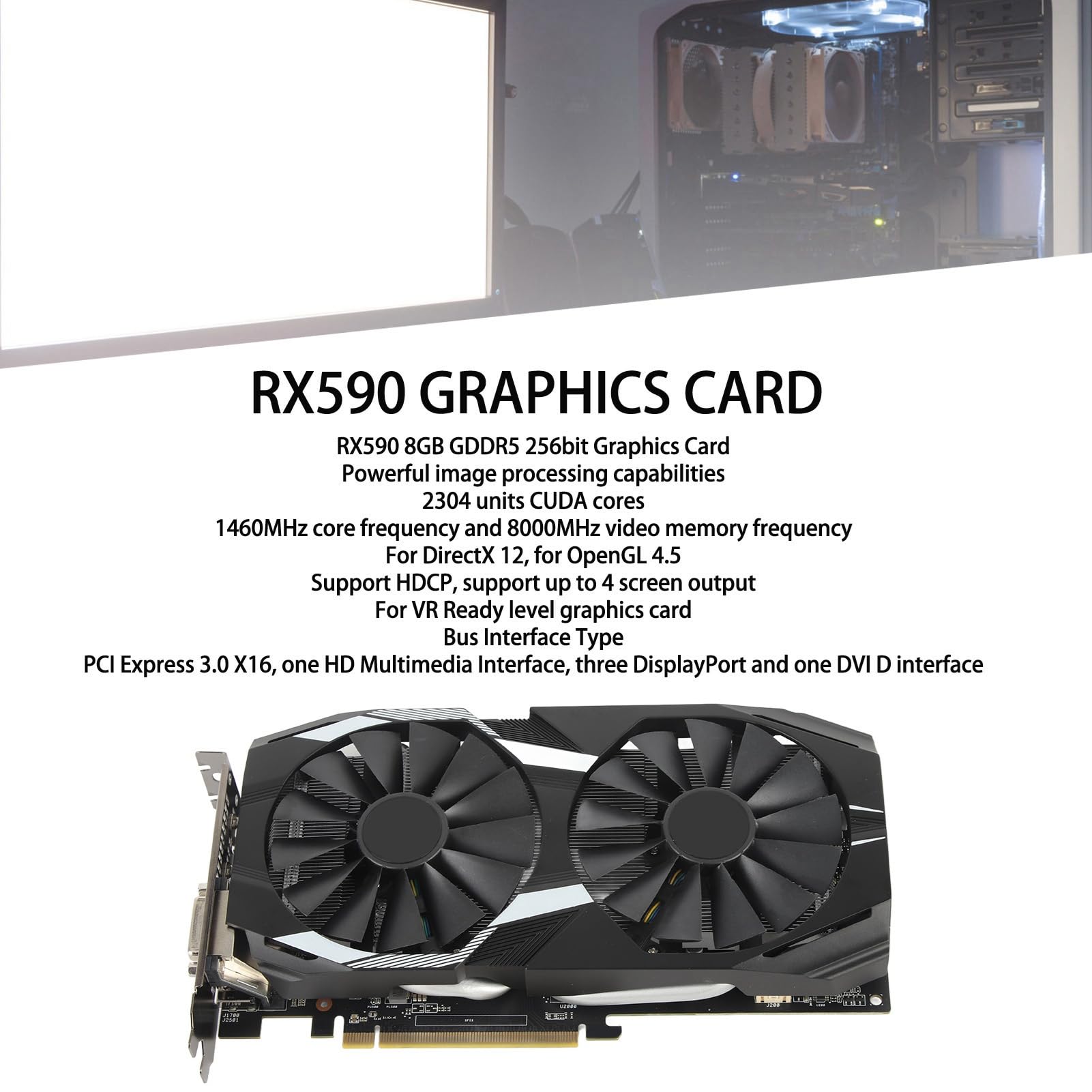 Karty Graficzne RX 590, 2304SP, Real 8 GB, GDDR5, 256 Bit, 3D API, Karta do Gier Komputerowych dla Radeon RX 590 z PCI Express 3.0 X16, Podwójny Wentylator