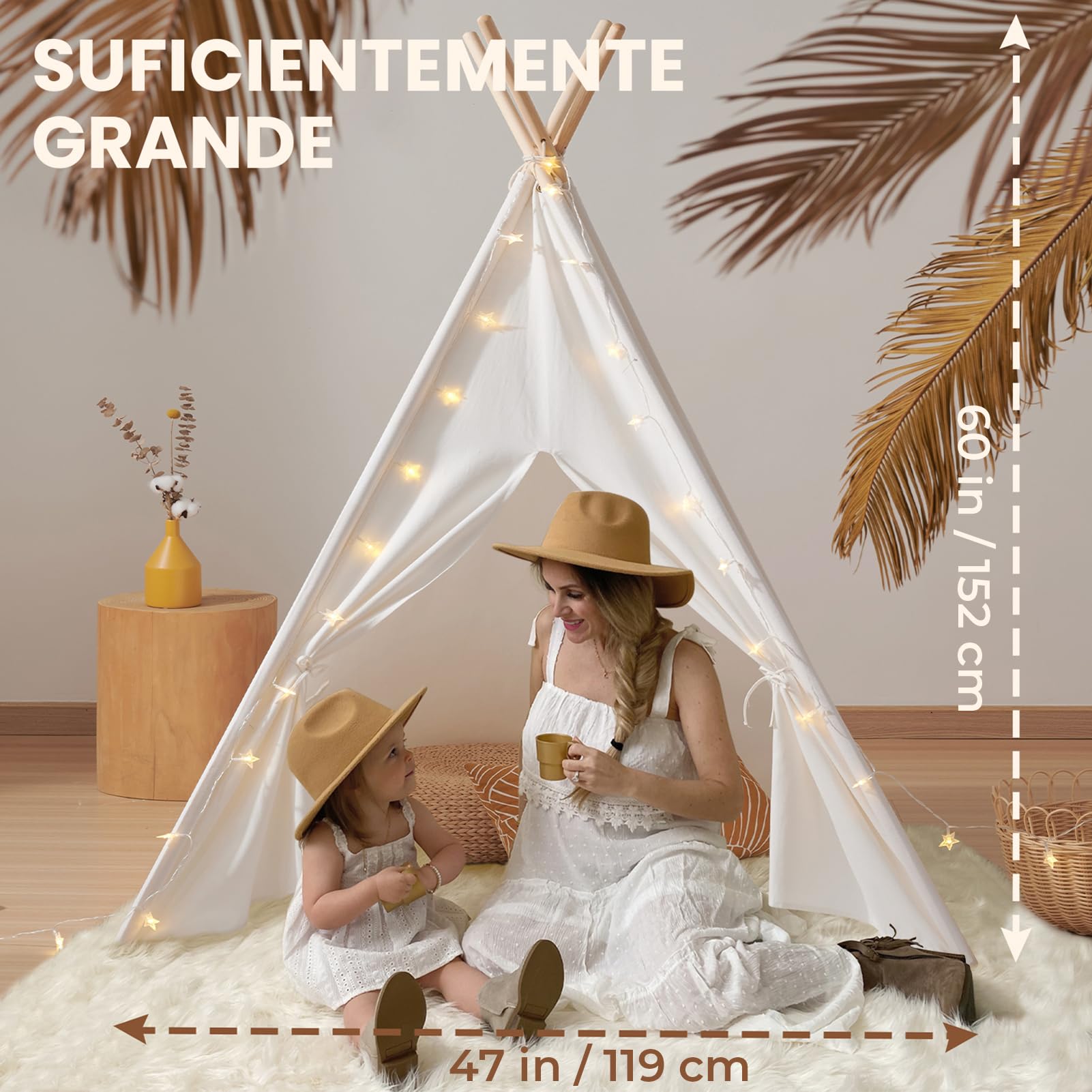 Tiny Land Tipi Enfant Intérieur avec Tapis & Guirlande Lumineuse - Cabane Enfant en Toile pour Chambre Bébé Fille & Garçon, Tente de Jeux Pliable Intérieur/Extérieur, Déco Maison & Cadeau 3 Ans+