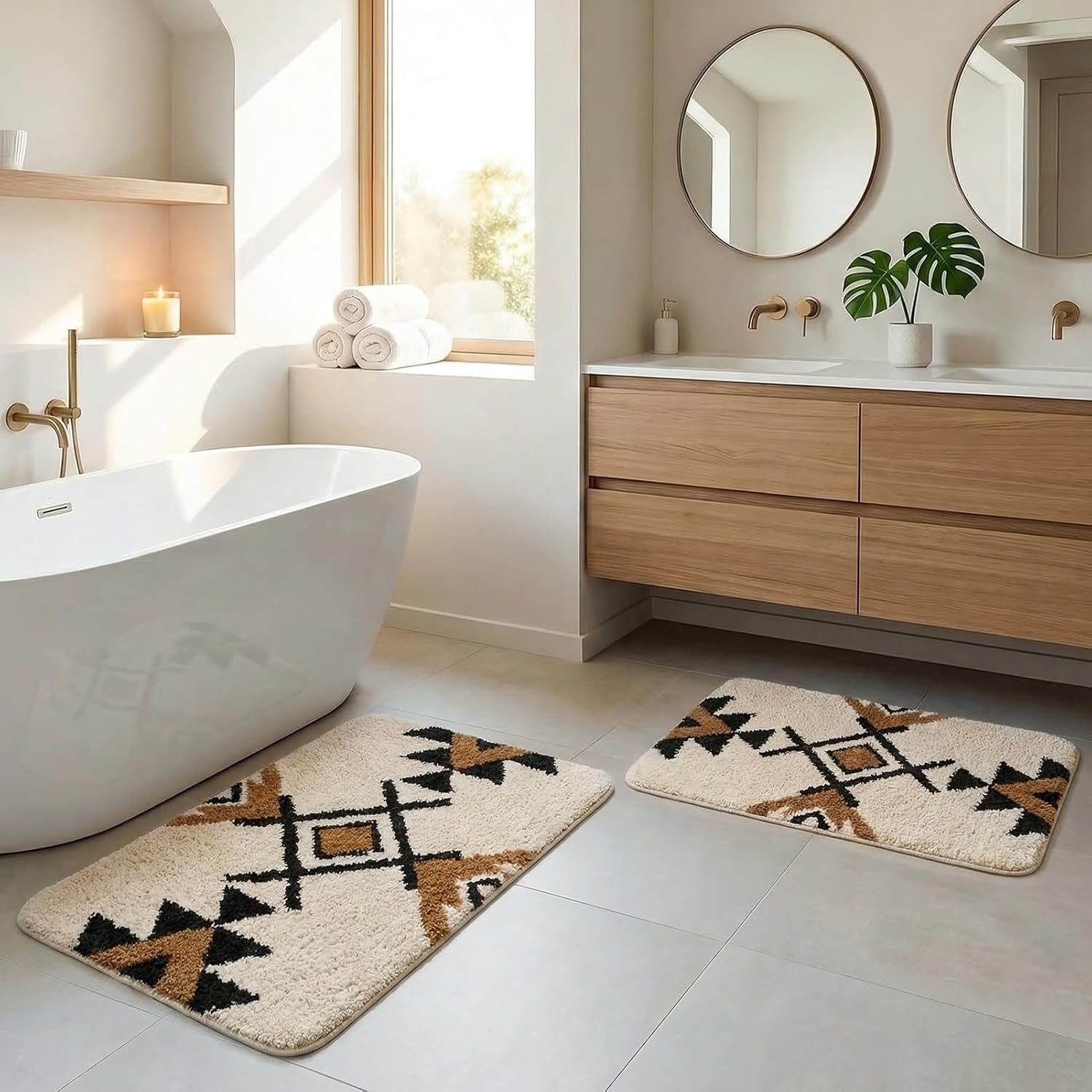 Arttown White Boho Aztec Vintage Bathroom Rug Set 2 Piece Fluffy Microfiber Bathroom Mat Non-Slip Water Absorbent Bath Rug Soft Washable Floor Rug for Tub Showers Laundry Room Decor (16"x24"+20"x32")