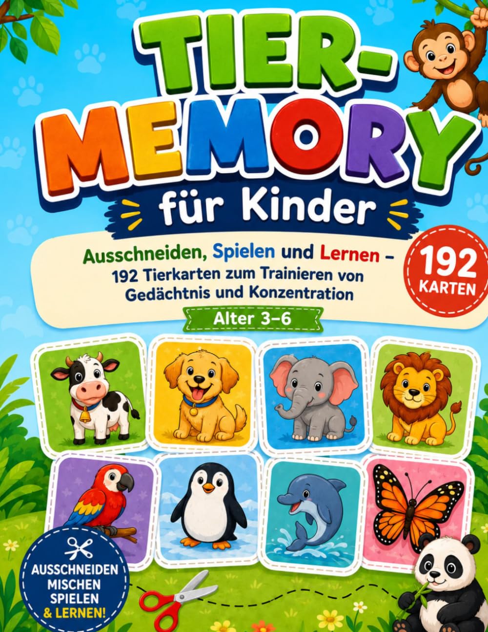 Tier-Memory-Spiel für Kinder: Ausschneiden, Spielen und Lernen | 192 Karten mit Bauernhoftieren, Waldtieren, Meerestieren und mehr | Fördert Gedächtnis und Konzentration | Alter 3–6