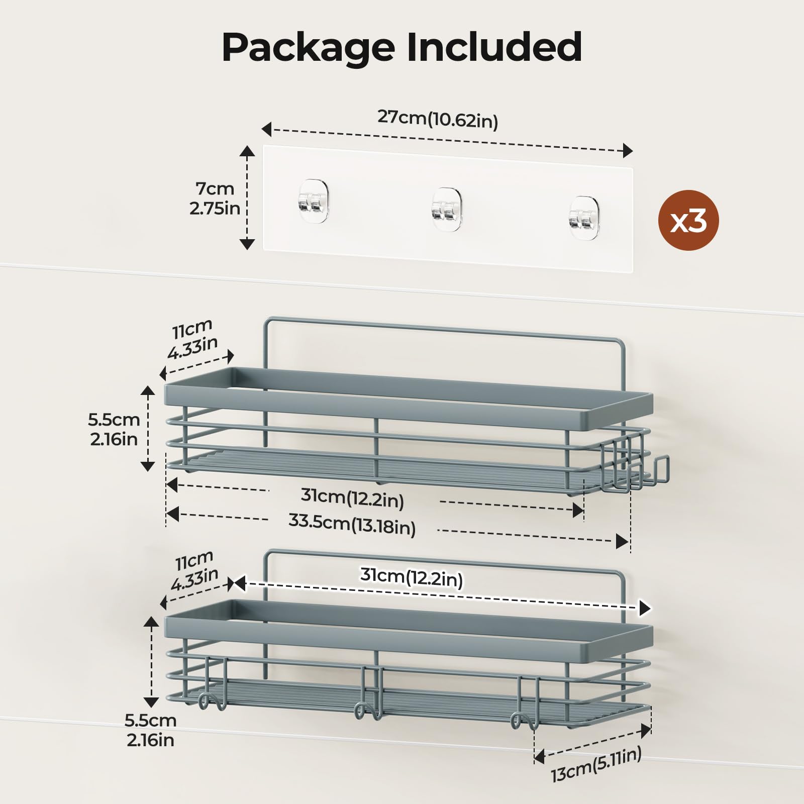 Orimade Portaoggetti da doccia con 5 ganci per appendere rasoio e spugna adesiva mensola doccia cestino portaoggetti da bagno organizer da cucina senza foratura, in acciaio inox, antiruggine,