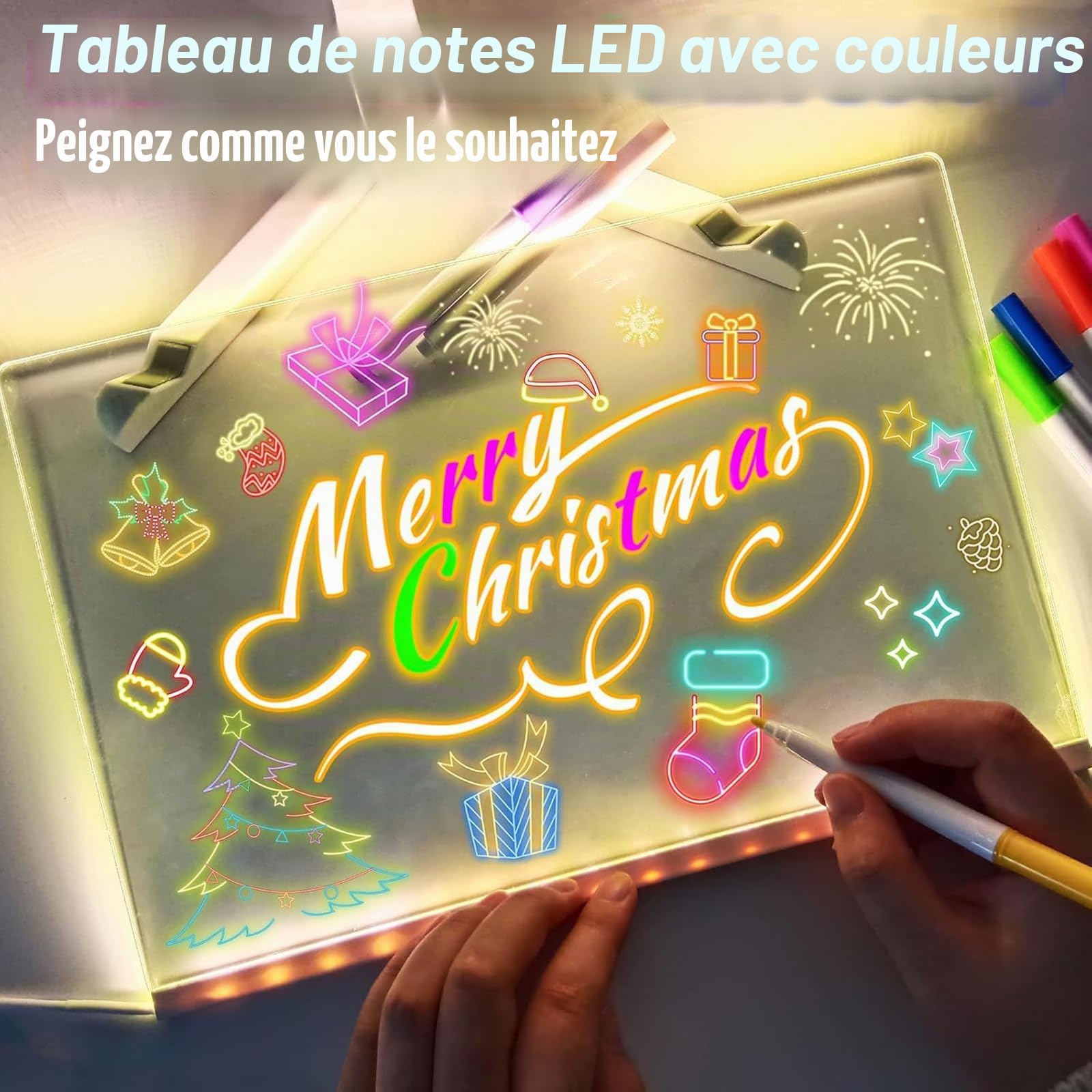 Tableau de Notes LED avec Couleurs, Tableau de Message Lumineux en Acrylique 7 Couleurs avec Stylet/Support, Tableau de Dessin et Écriture LED pour Enfants, Tableau de Gribouillage Artistique pour