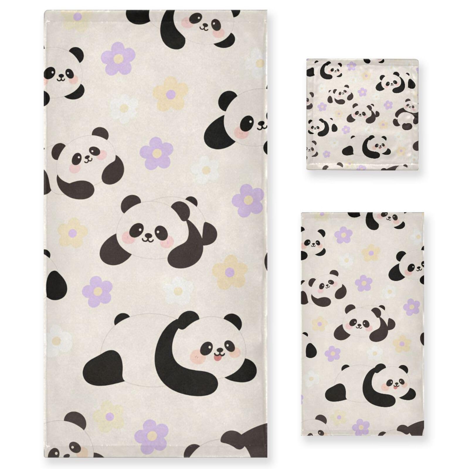 Set di 3 asciugamani per la pulizia del viso a forma di panda bianco con cartoni animati, 1 asciugamano da bagno, 1 asciugamano per le mani, 1 panno per la casa, cucina, hotel, palestra, nuoto, spa