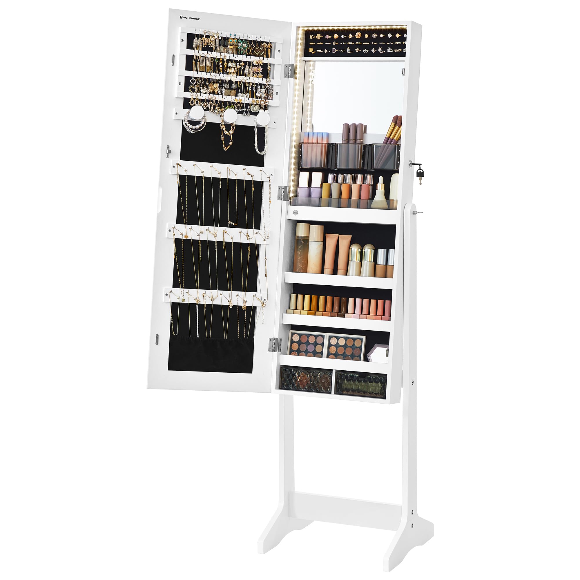 SONGMICS Armario Joyero con Espejo, Luces LED, 2 Cajones, Blanco Nube JJC023W01