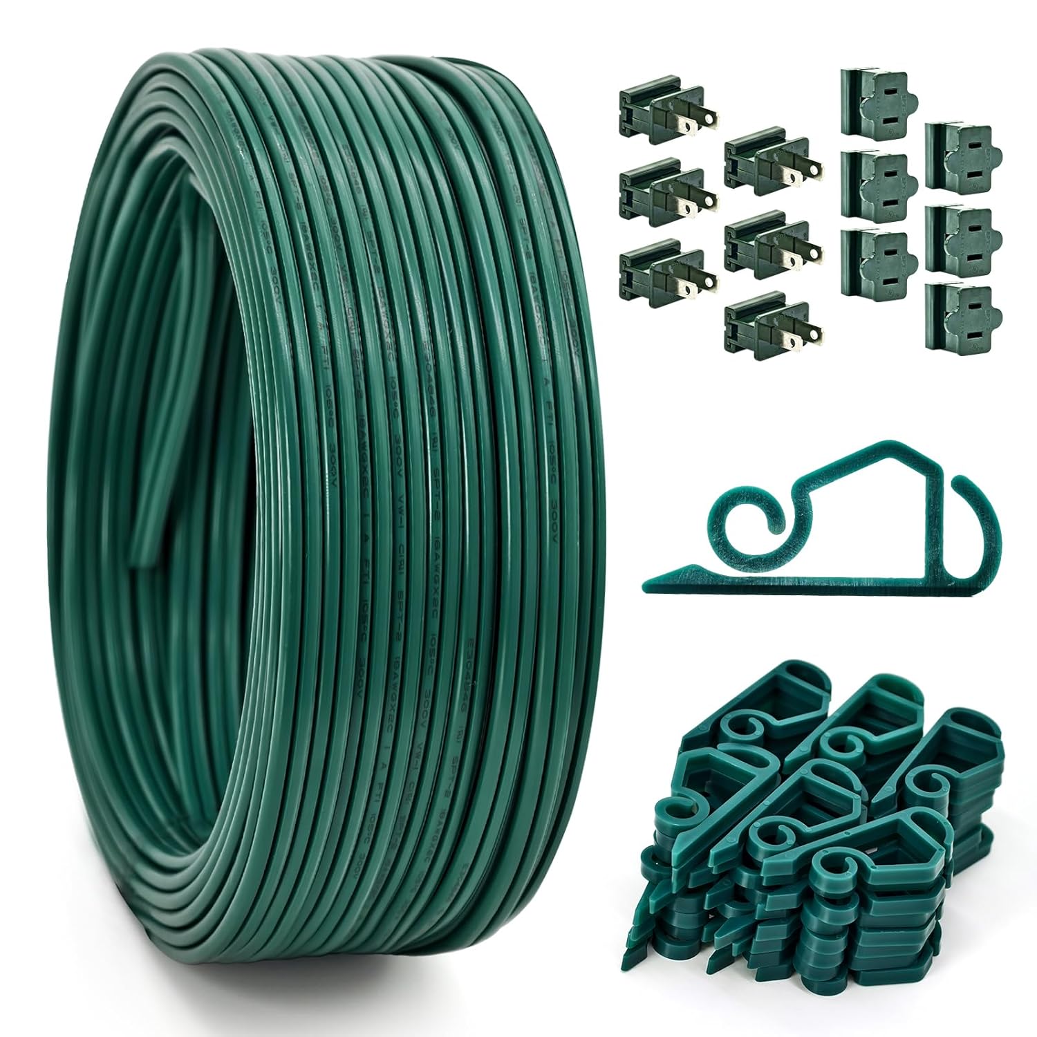 18/2 SPT-2 Christmas Light Wire 100 FT with 12 PCS Vampire Plugs and 80 PCS Light Clips, 18AWG 2-Conductor Wire for Xmas Lights Holiday Supplies Decoration