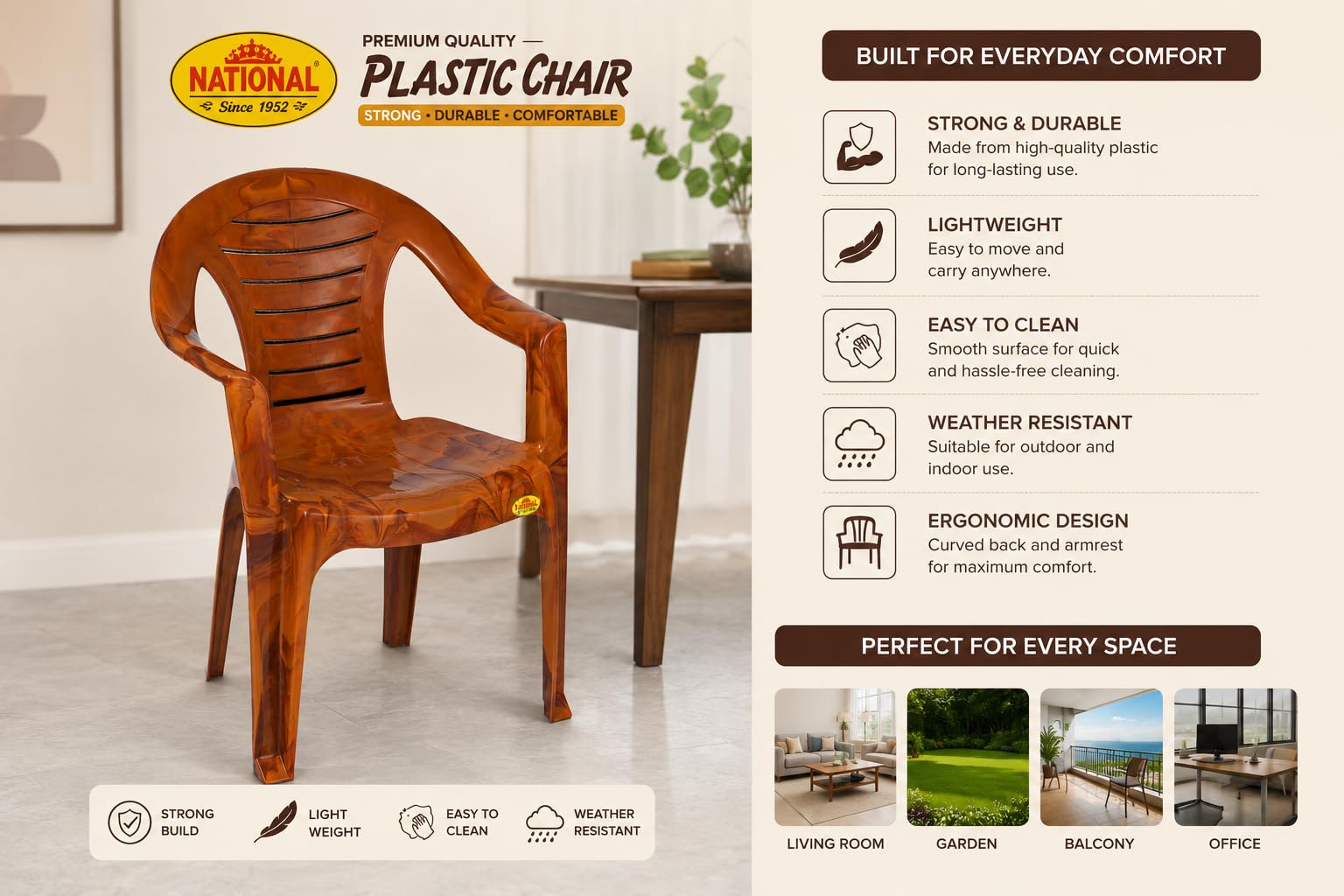 National Plastic Since 1952 Agra Plastic Chair with Armrests for Indoor & Outdoor Use | Ergonomic, Sturdy & Weather-Resistant Chairs Mangowood Colour (Set of 6) 2