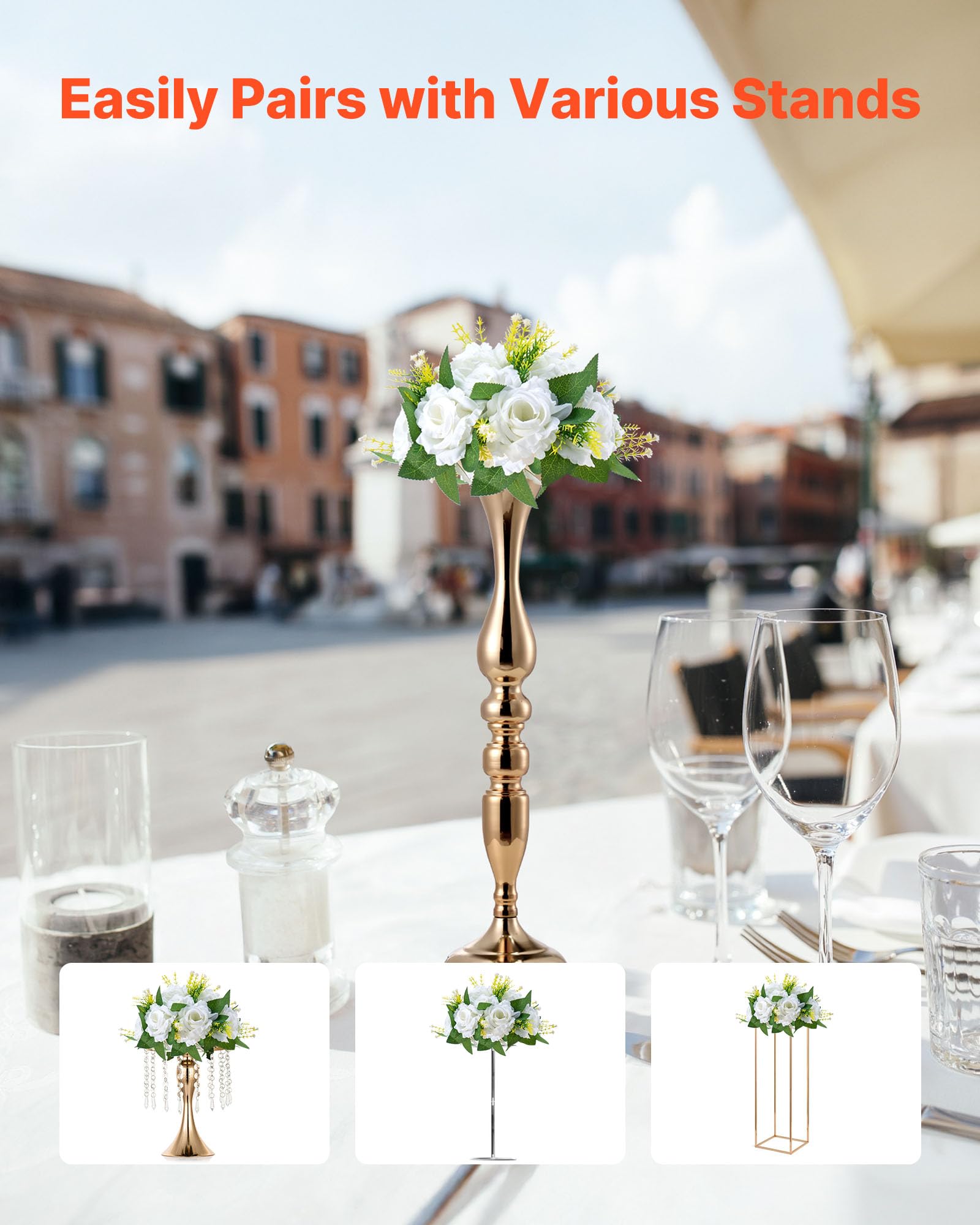 VEVOR Bouquet di Fiori Artificiali, 10 Pezzi, Diametro 24 cm, Centrotavola di Rose per Matrimonio, Composizioni Floreali Finte per Cerimonie, Ricevimenti, Feste, Decorazioni per Esterni, Bianco