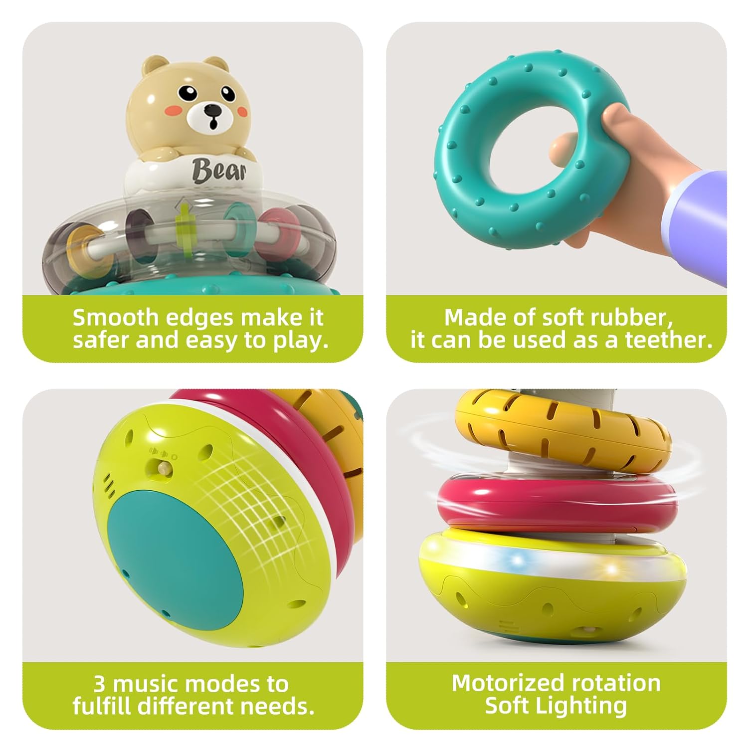 Baby Ring Stacker Toy with Lights, Musical Stacking Toys for Toddlers 1-3, Automatic Rotating Montessori Toys for Babies 6-12 Months, Early Learning Toy 1 Year Old Boy and Girl Gifts