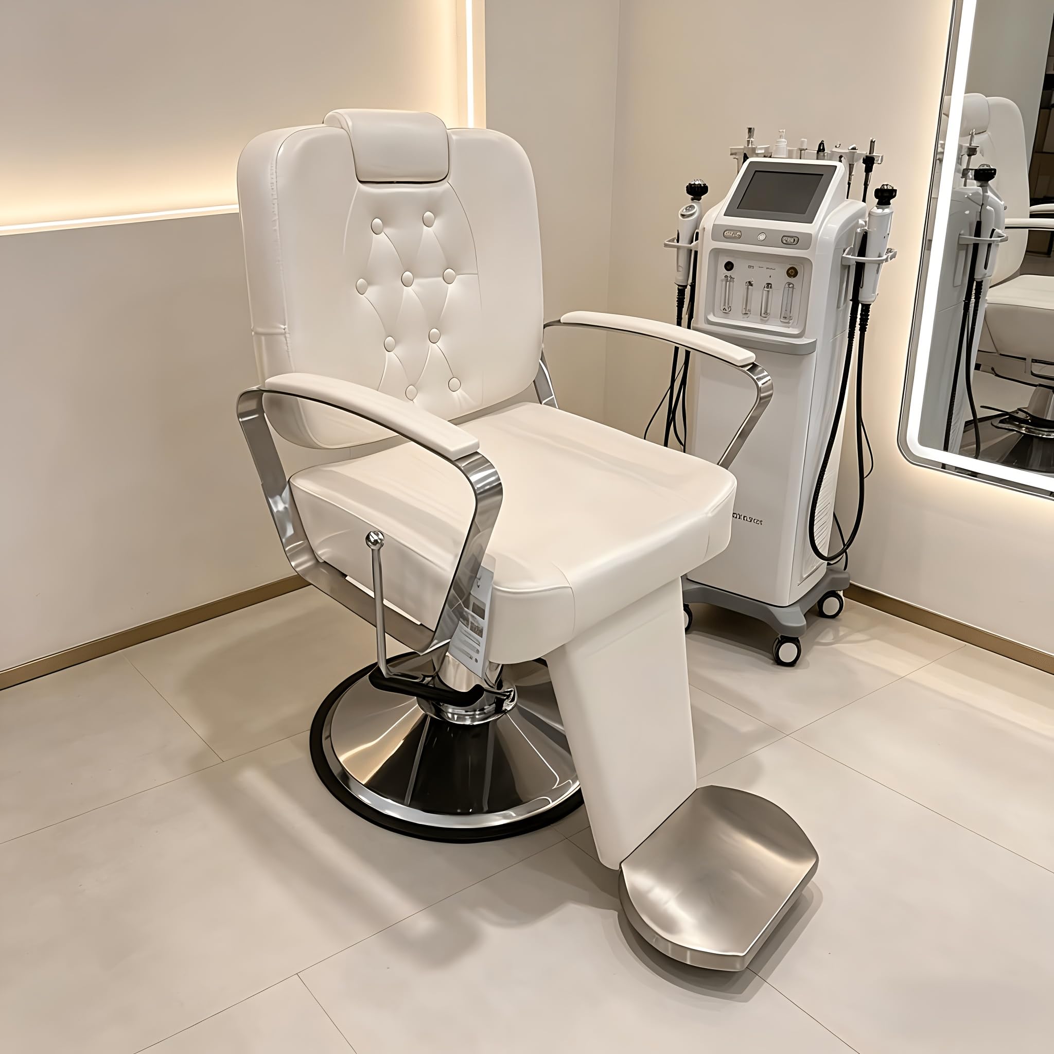 Poltrona da barbiere idraulica girevole a 360° reclinabile, in pelle PU impermeabile, colore bianco perla brillante, con poggiapiedi, multiuso per parrucchiere, trucco e tatuaggio