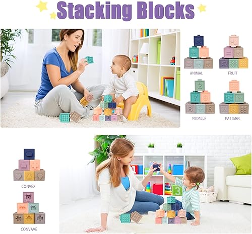 Miniatura 5 de LittleElves Juguetes Montessori 3 en 1 para bebés de 18 meses, juguetes para bebés de 2 años, bloques apilables para bebés, juguetes de dentición