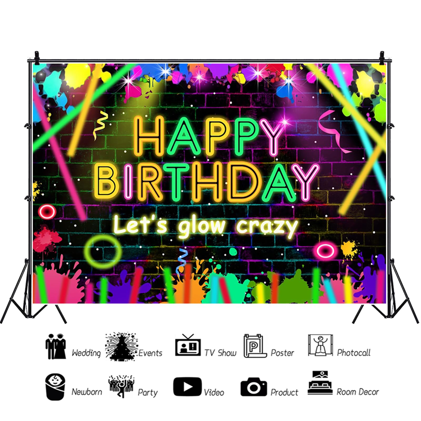 Toile de fond phosphorescente « Happy Birthday » de 2,1 x 1,5 m pour fête d'anniversaire pour enfants - Fournitures de décoration pour cabine photo