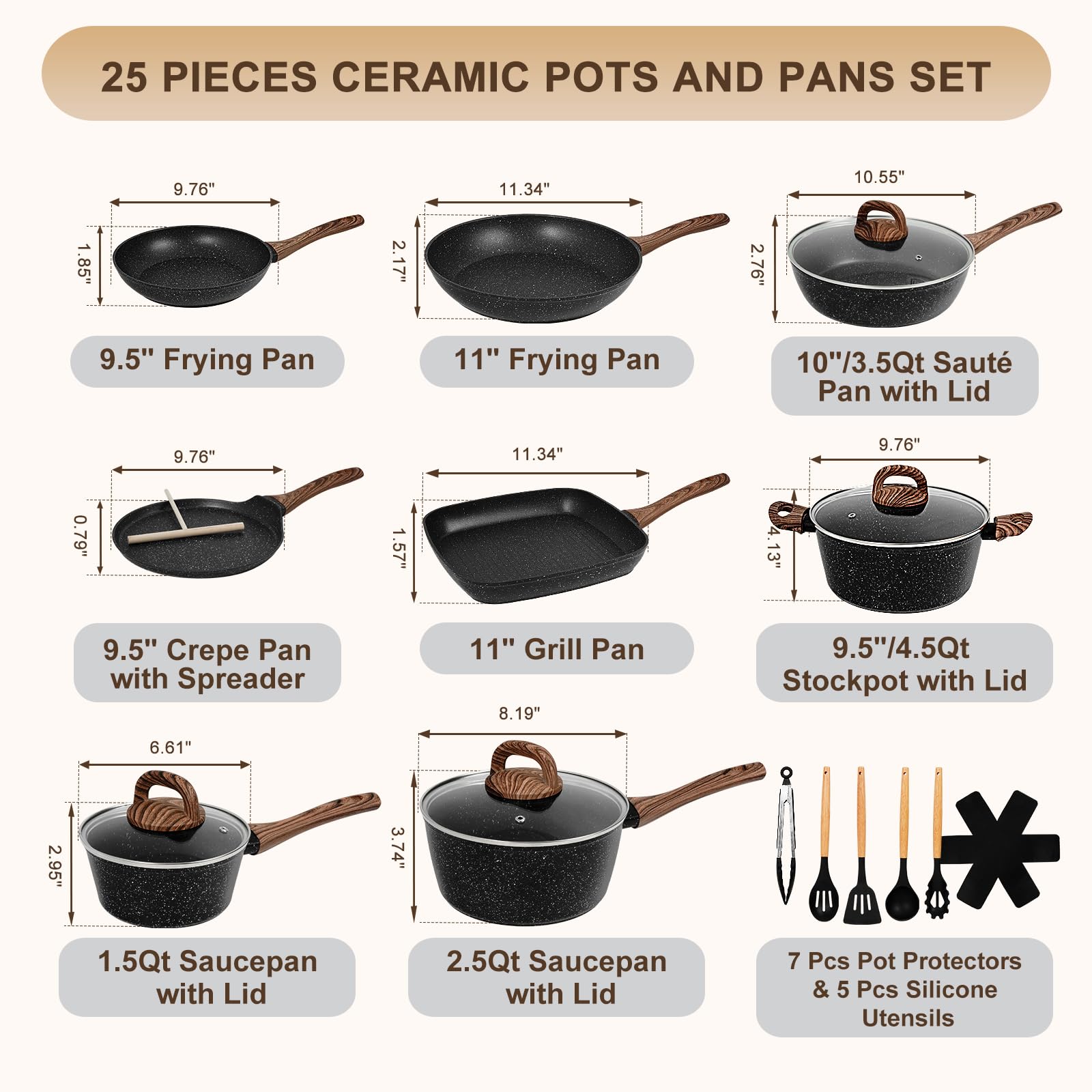 EWFEN Nonstick Pots and Pans Set, 25-Piece Ceramic Cookware Set, Induction Kitchen Cooking Set with Frying Pans Saucepans & Utensils, Healthy Non-toxic, PFAS/PTFE/PFOA Free, Black