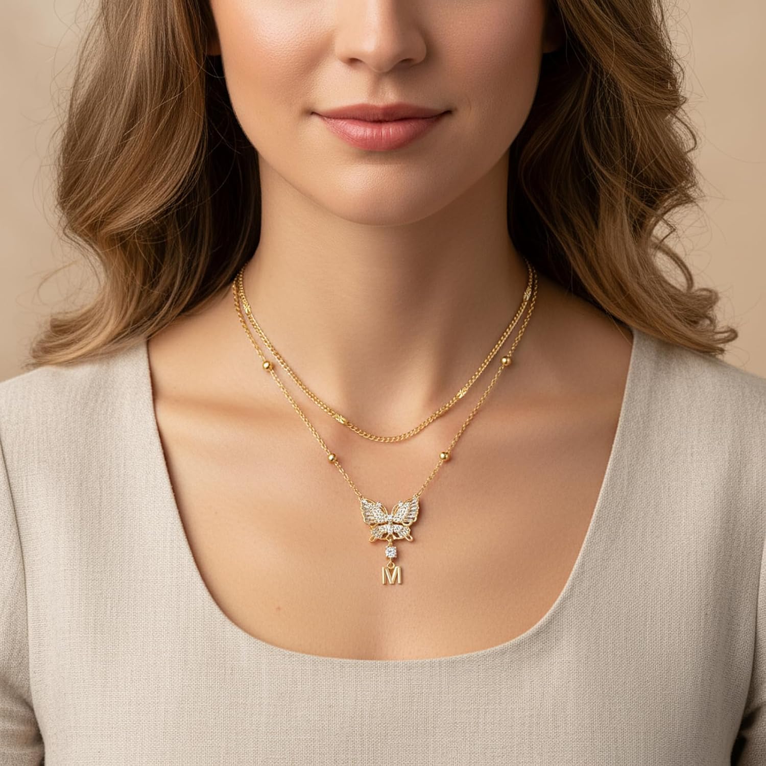 Butterfly Initial Necklaces for Women 14K Gold Plated Dainty Layered Beaded Chain Necklace with Cubic Zirconia Butterfly Pendant Letter Charm Personalized Stackable Jewelry Gift for Her - Image 2