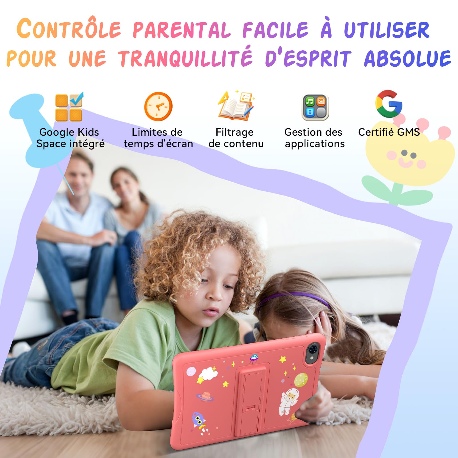 Tablette Enfants 10 Pouces, Android 16 Tablette pour Enfant 3-14 Ans Éducative, 16Go(4+12) RAM + 64Go ROM/2To TF, Contrôle Parental, GMS, 5000mAh, WiFi6, Garantie de 4 ans, Tablet avec Stylet, Rosa