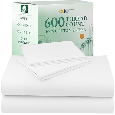 California Design Den XL Twin Sheets Set - Luxury 600 Thread Count 100% Cotton Sateen, Twin XL Sheet Set with All Around Elastic for a Snug Fit, Hotel Quality Bedding - White
