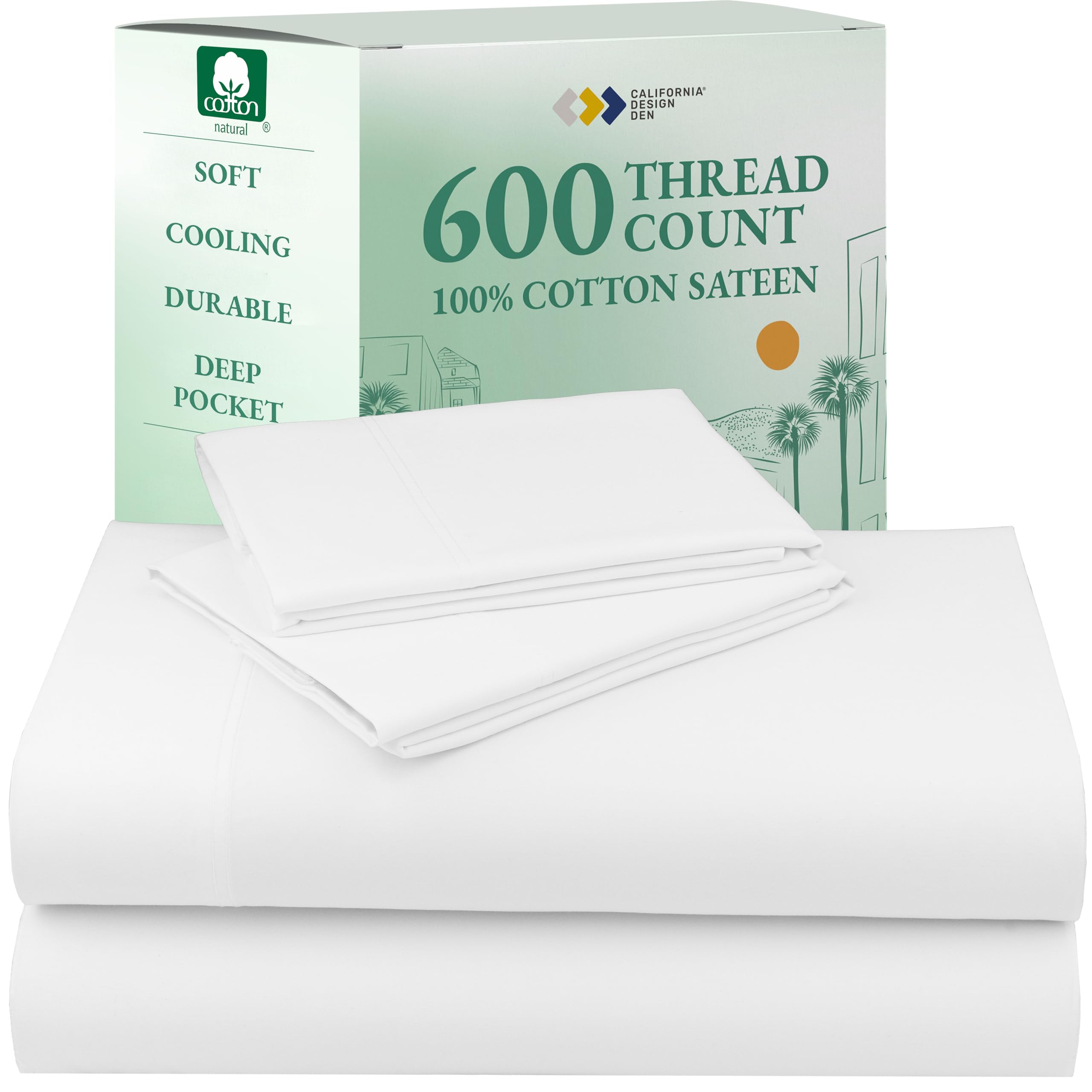 California Design Den Luxury King Size Sheets Set, 600 Thread Count 100% Cotton Sheets, 4 Pc Deep Pocket King Sheets, 5-Star Hotel Sheets, Softer Than Egyptian Cotton Sheets, (White King Bed Sheets)