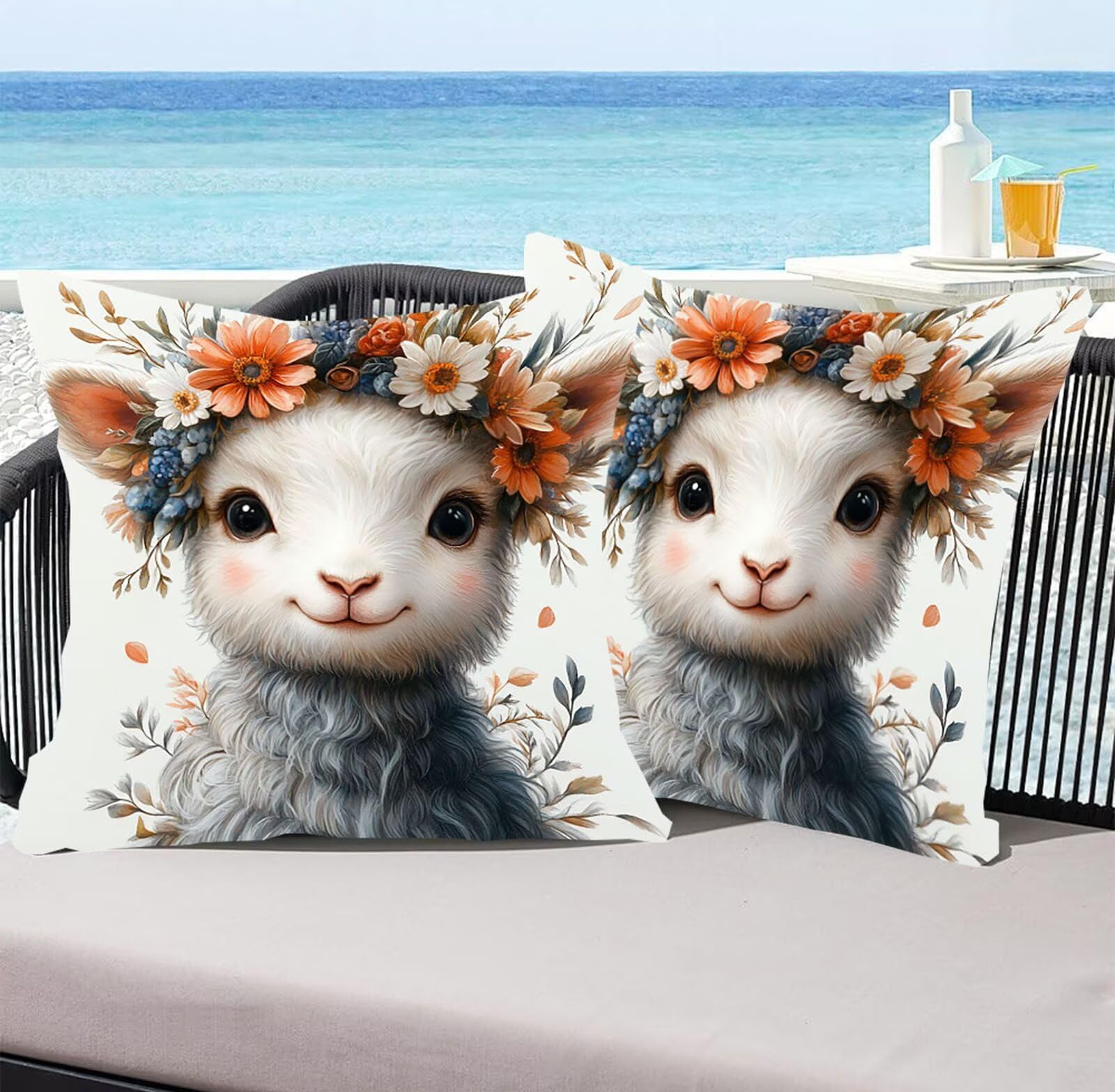 Kwiaty Zestaw 2 poszewek na poduszki Sofa Dekoracyjne Poszewki na poduszki Miękkie lniane poszewki na poduszki Luksusowy styl Sofa Sypialnia 60 x 60 cm Poszewki na poduszki zewnętrzne owca 0P-358