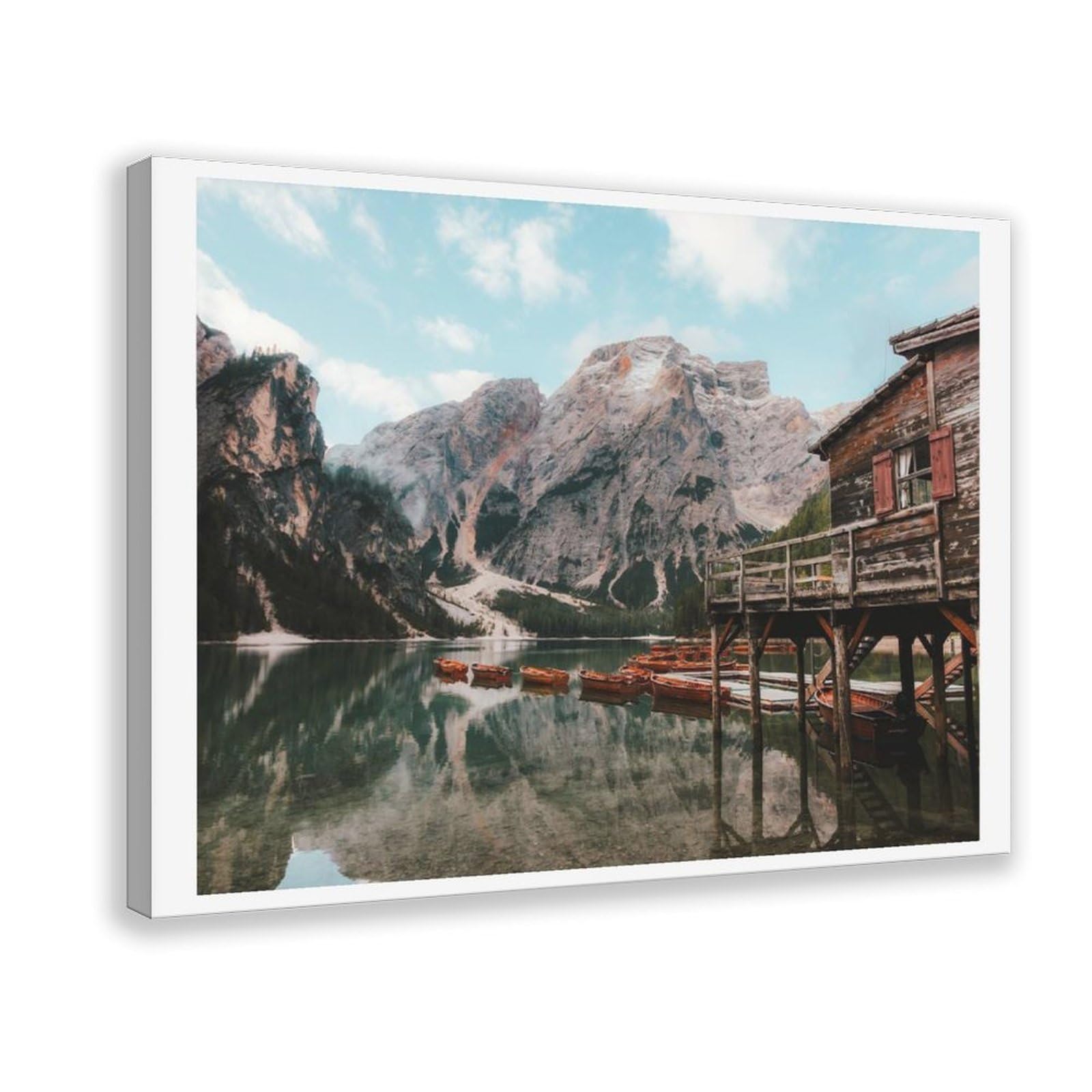 HEYANM Lago Di Braies Print Dolomites Mountain Lake Italy Landscape Art Canvas Poster Bedroom Office Room Decor Gift Frame 16x24inch
