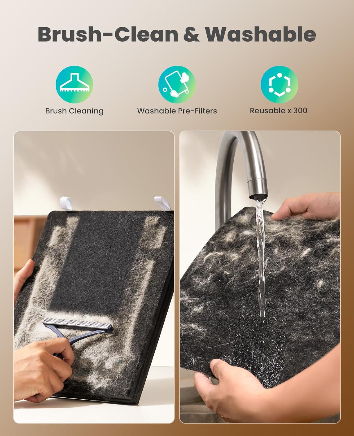 Images showing the process of cleaning the pre-filter of the oneisall PP02 Pet Air Purifier with a brush and rinsing it under water.