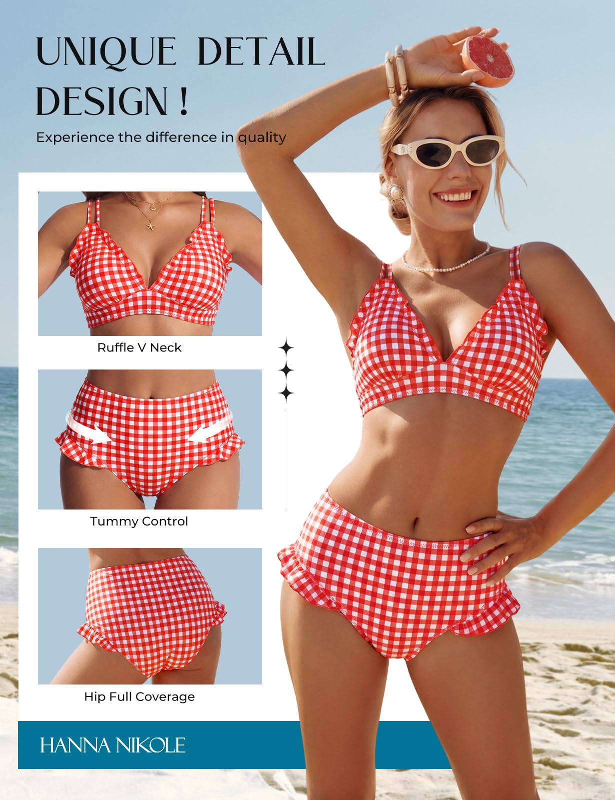 Hanna Nikole Conjunto de bikini para mujer, bonitos volantes, cuello en V sexy, efecto push-up, parte inferior de cintura alta, tirantes dobles para los hombros