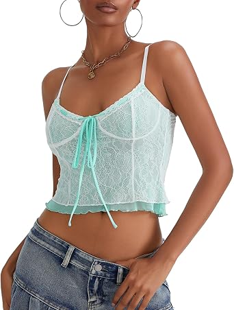 Womens Y2K Lace Trim Camisole Crop Tops Sexy Sleeveless Spaghetti Straps V Neck Cami Tank Tops Going Out Streetwear
