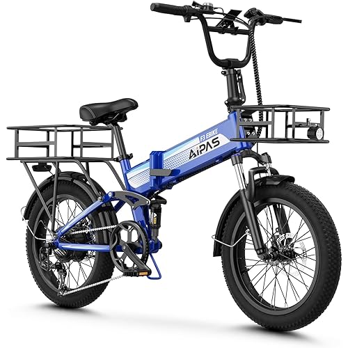 Aipas F3 Electric Bike for Adults with 1500W Motor Peak, 48V 12.8Ah Removable Battery Max 62 Miles 28MPH,20" x 3.0 Fat Tire Folding Electric Bike with 7-Speed and Full Suspension.