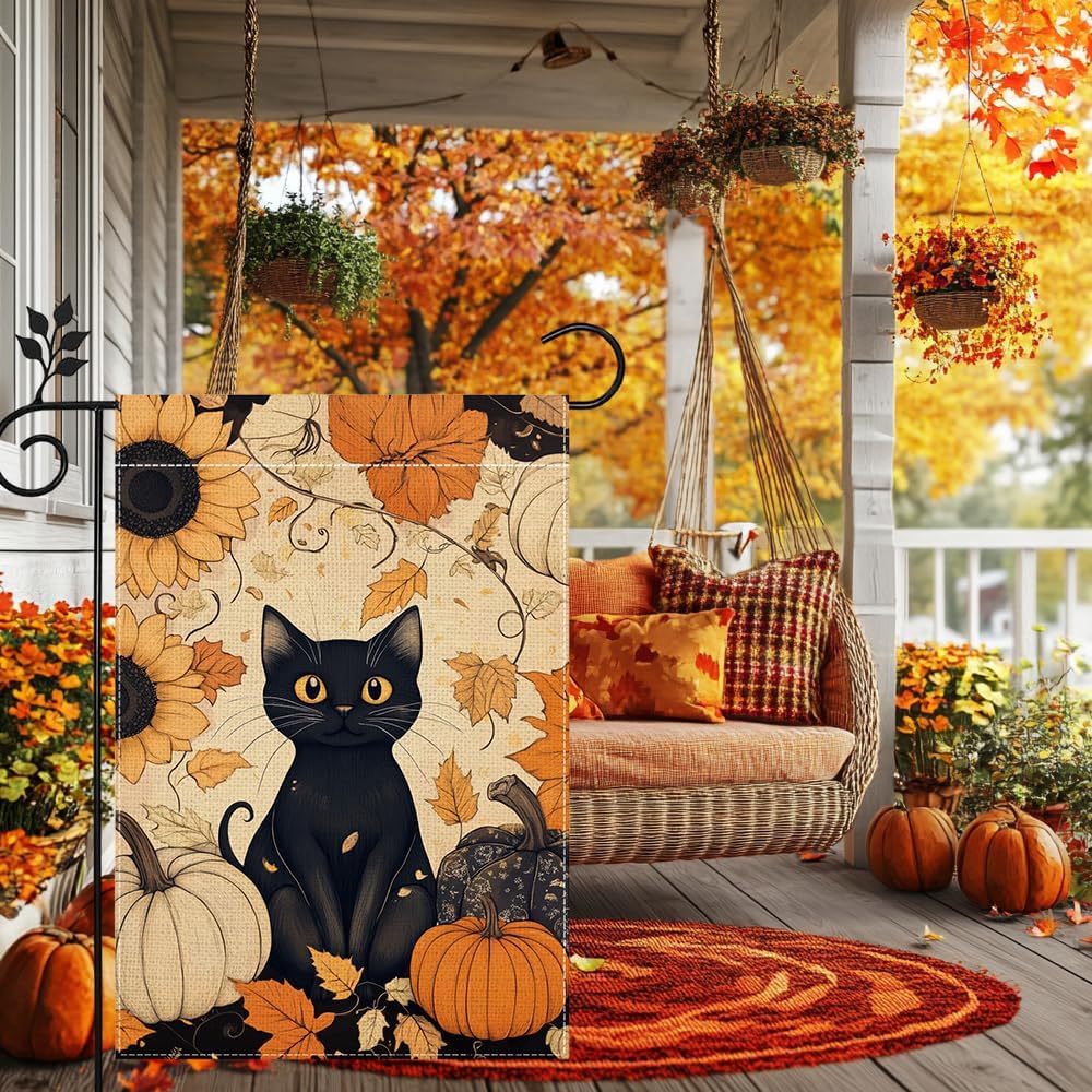 Fall Cat Pumpkin Garden Flag for Outside 12x18 Inch Double Sided Burlap Autumn Thanksgiving Maple Leaf Sunflower Flowers Farmhouse Holiday Rustic Outdoor Yard Flag Home Decorations - Image 4