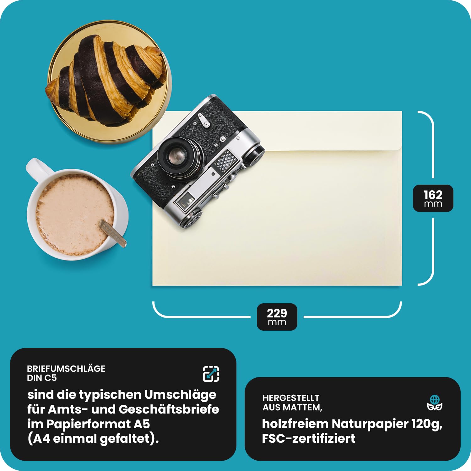 Netuno 500 kopert kremowych DIN C5 162 x 229 mm 120 g Olin Cream duże koperty A5 wysokiej jakości naturalne papierowe koperty duże eleganckie na dokumenty, prospekty, zaproszenia, koperty na listy,