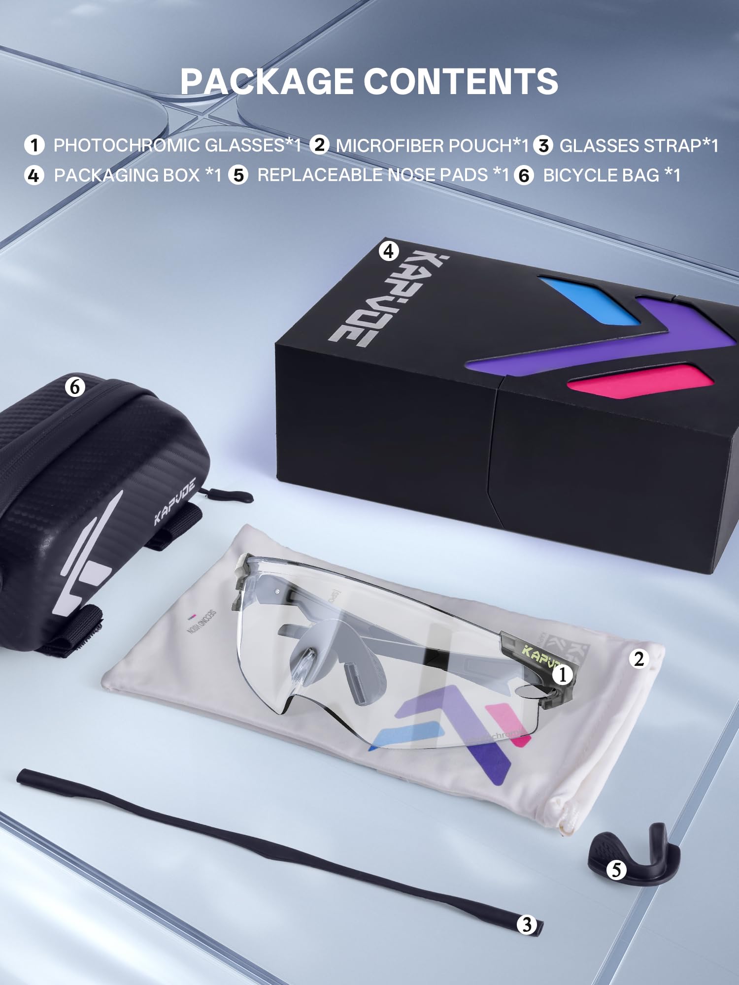 KAPVOE K410 Gafas de Ciclismo Portátiles Gafas de Sol Fotocromáticas & Alta Definición para Hombre y Mujer Patillas Ajustables Protección UV400 Ligeras con Bolsa para Bicicleta Gafas MTB