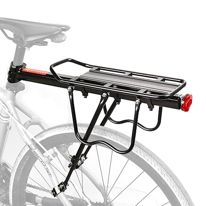 HOMEE Rear Bike Rack, 110 lbs / 50KGS Rear Bike Frame Aluminum Alloy Universal Adjustable Cargo Rack Equipment Stand Footstock Bicycle Luggage Carrier with Tools and Reflector Black