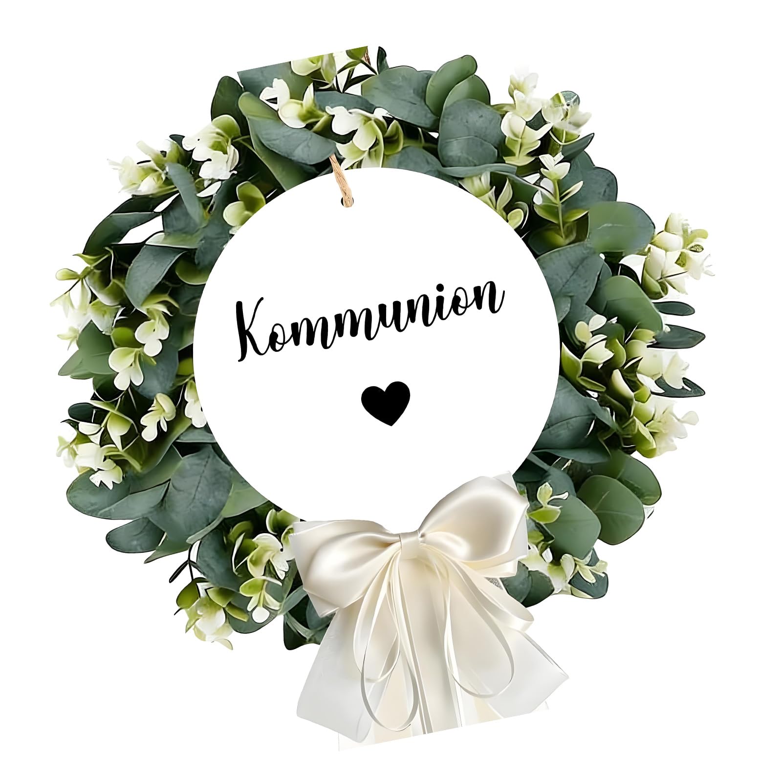 Qusinfc Synthetic Eucalyptuses Wreath Including White Wood Sign and Delicate Bowknot Perfect for Seasonal Artificial Gumtree Wreath