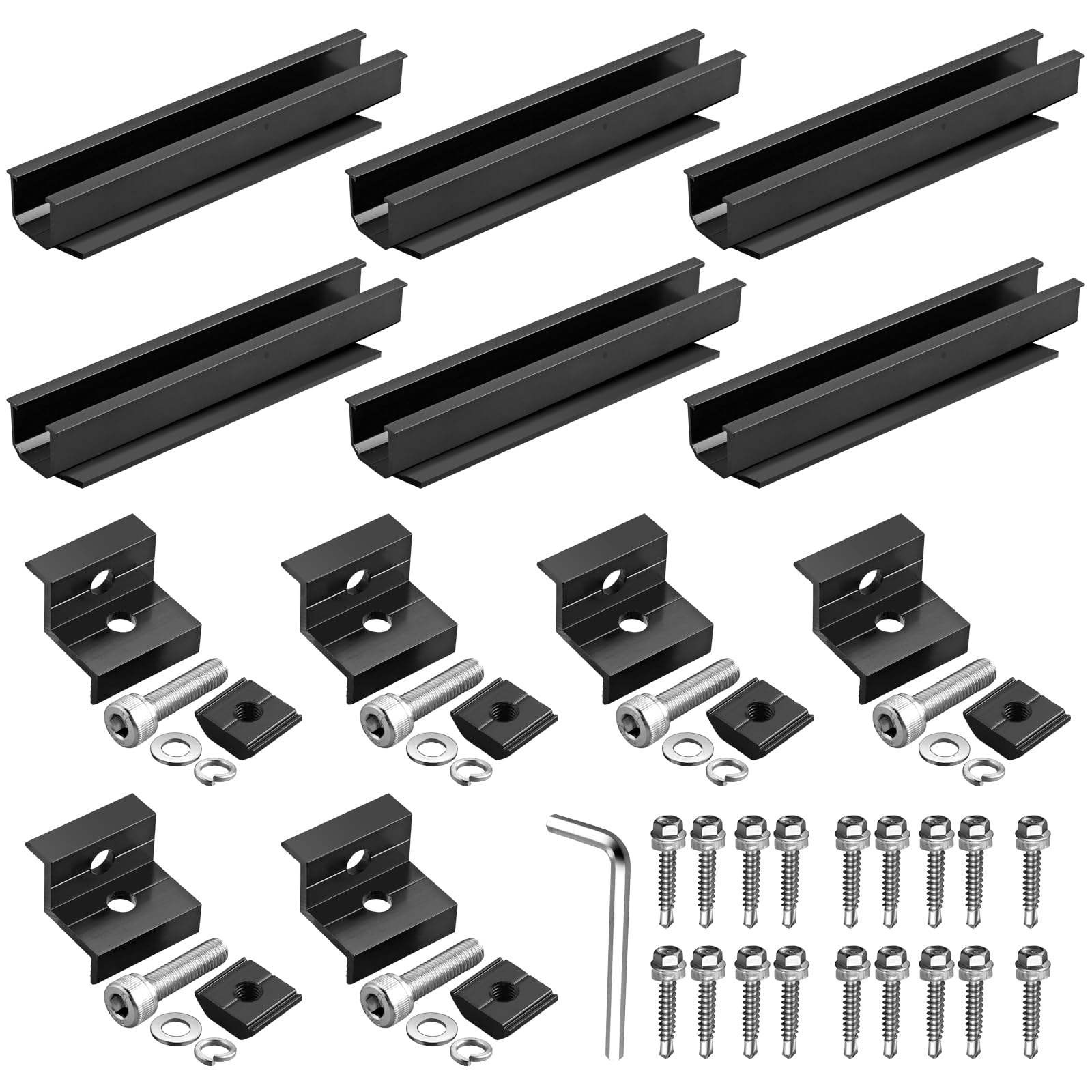 Anbte 6 Piezas Kit Soportes de Paneles Solares, 6 Rieles Perfiles de Aluminio de 200 mm, 6 Abrazaderas para Panel Solar de Z de 30 mm / 35 mm,18 Tornillos para La Instalación de Paneles Solares-Negro