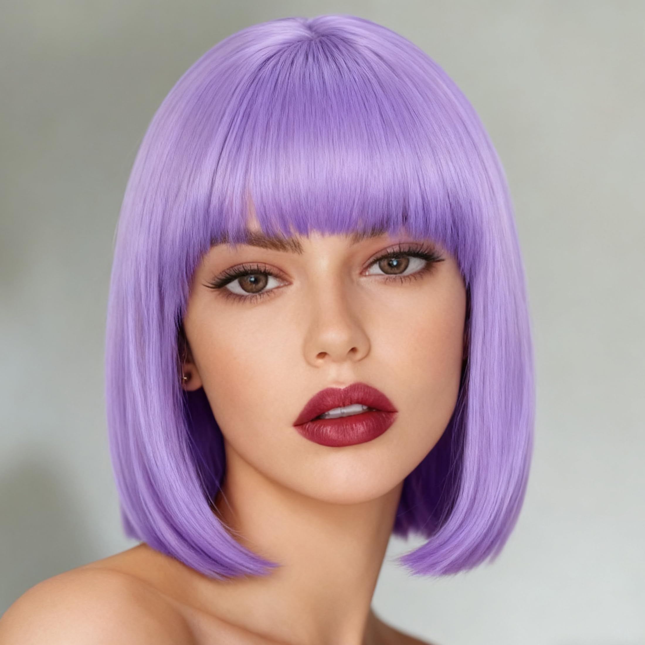 Svolna Purple Short Bob Wig with Bangs, Synthetic Straight Hair Wigs for Women, 14 Inch Cosplay Costume Bob Wig (Light Purple)