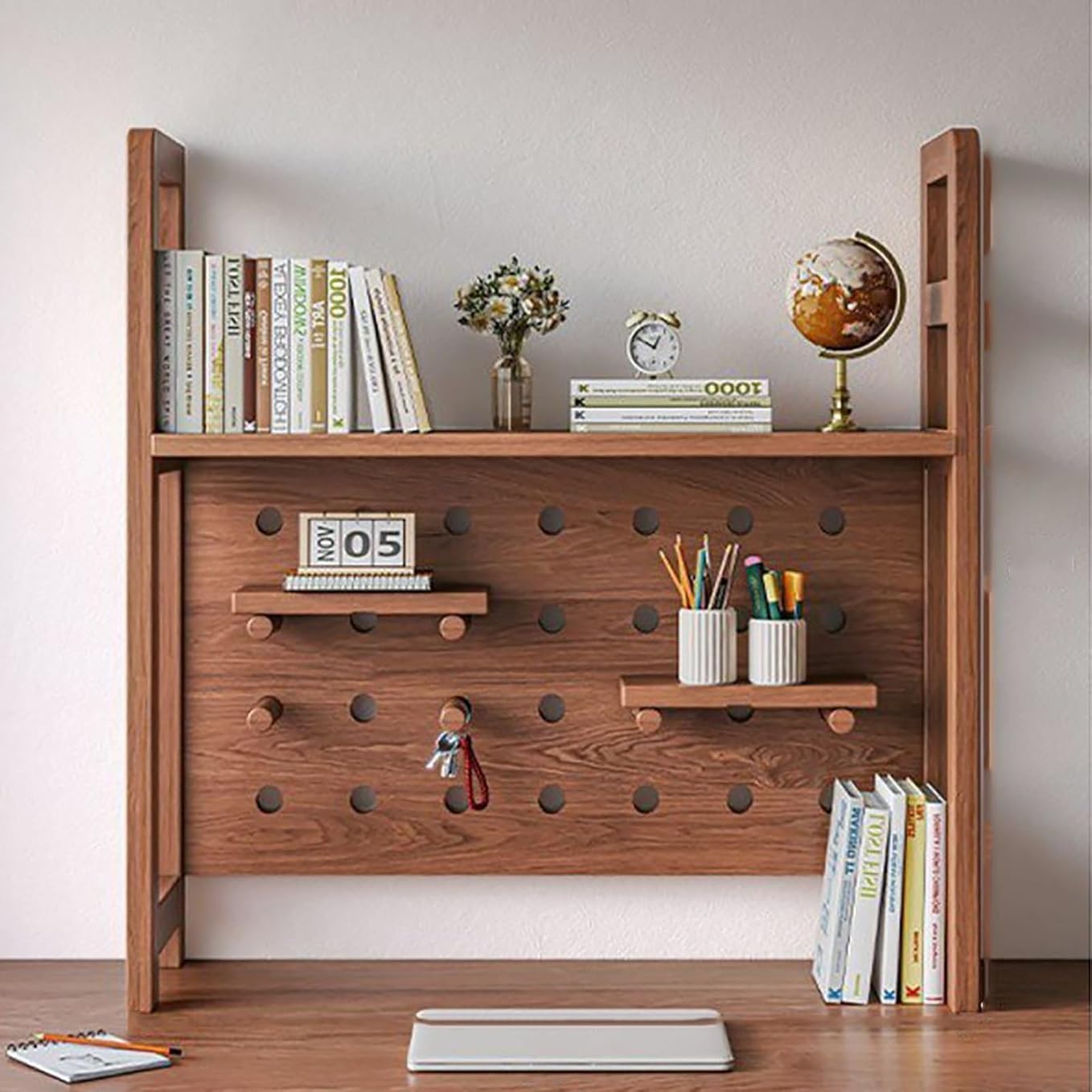 Escritorio de juegos en forma de L extensible con estantería de madera de 2 niveles integrada