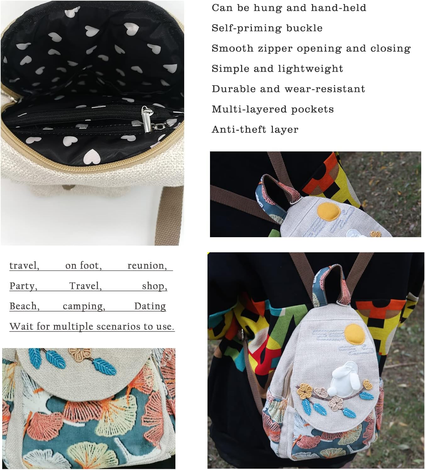 HUANGGUOSHU Women Cotton Woven Bohemian Hemp Boho Canvas Embroidery Multi Pocket Retro Cute Backpack Wallet Backpack（Red rose） - Image 3