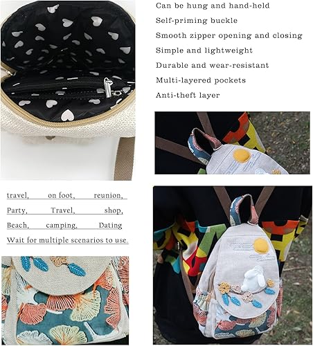 Miniatura 3 de HUANGGUOSHU Mochila de lona bohemia tejida de algodón para mujer, con múltiples bolsillos, estilo retro, linda mochila tipo cartera, Yutu Luna