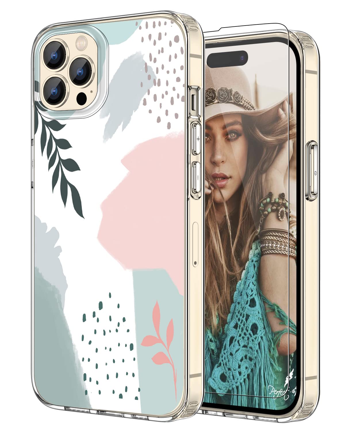Cute iPhone 14 Pro Case with Screen Protector, Noyabox Slim Fit Floral Boho Design iPhone 14 Pro Case for Women, TPU + PC Hard Case, Shockproof & Non-Fading, 6.1Inch, Foliage 1 / White