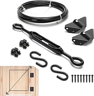 Hardware Anti Sag Gate Kit, Waterproof Coating Zinc Steel Anti-Sag Gate Support Cable Kit for Outdoor Gate Black Repair Kit for Wood Fence Includes Turnbuckle, Hooks, Heavy Cable, Screws