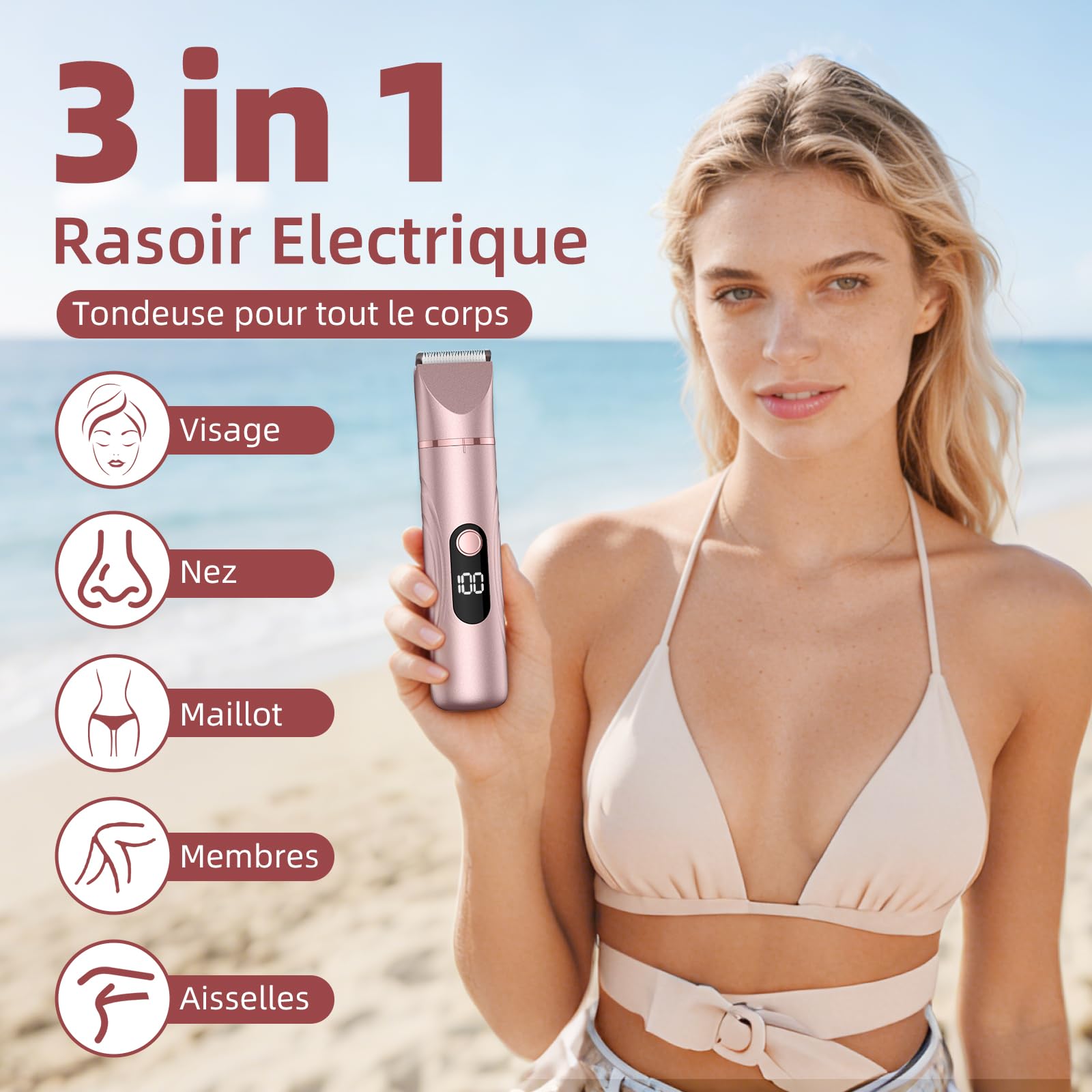 Rasoir Électrique Femme 3 en 1 pour le Corps, le Pubis et le Nez Utilisation Humide et Sèche Tondeuse Rechargeable