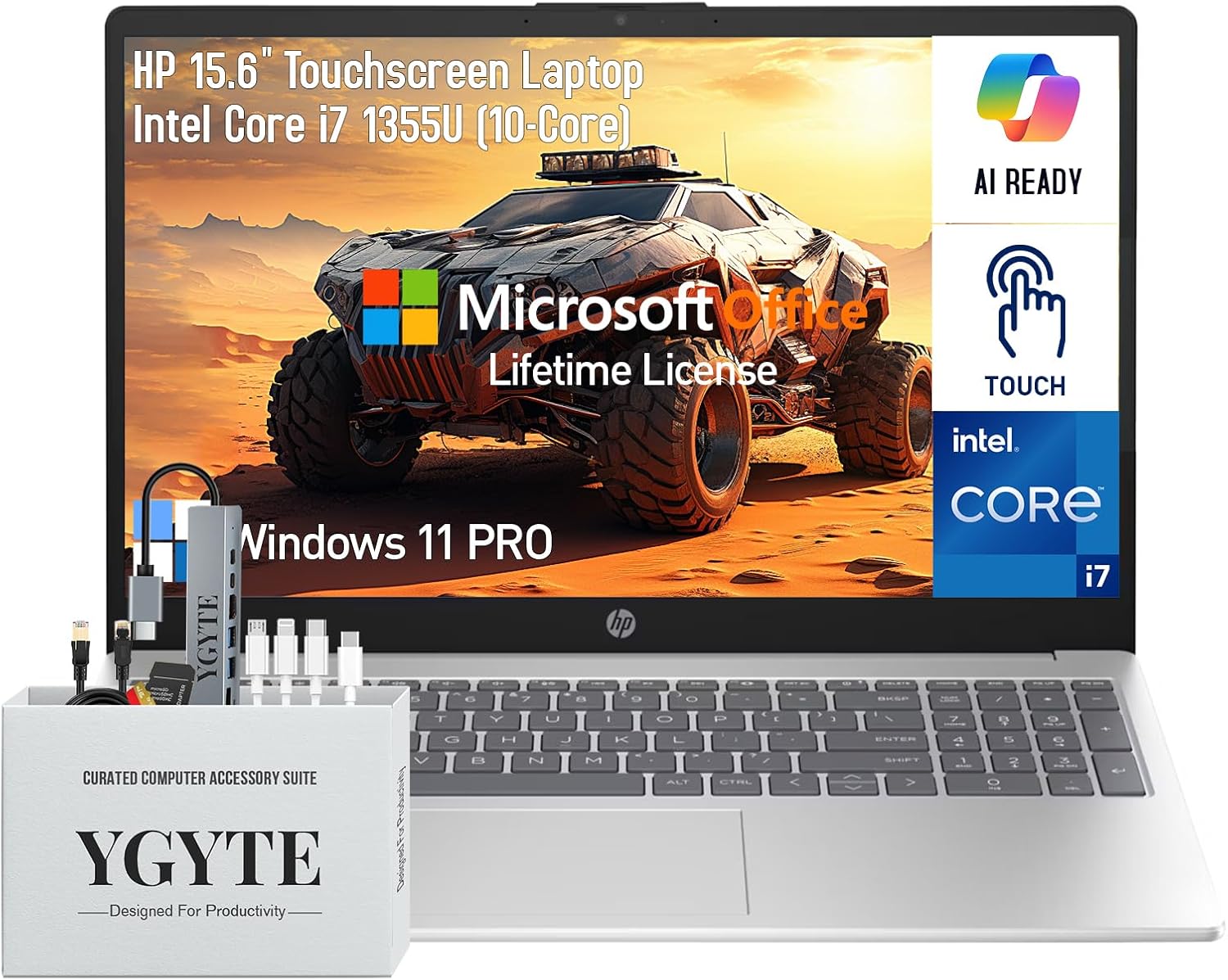 HP 15 Inch Laptop Touchscreen Computer PC, 15.6 FHD IPS Touch Screen Business Laptop, Intel 10-Core i7-1355U, Windows 11 Pro Lifetime Office, 64GB RAM 2TB SSD+512GB Docking Set, 10 Key Number Pad