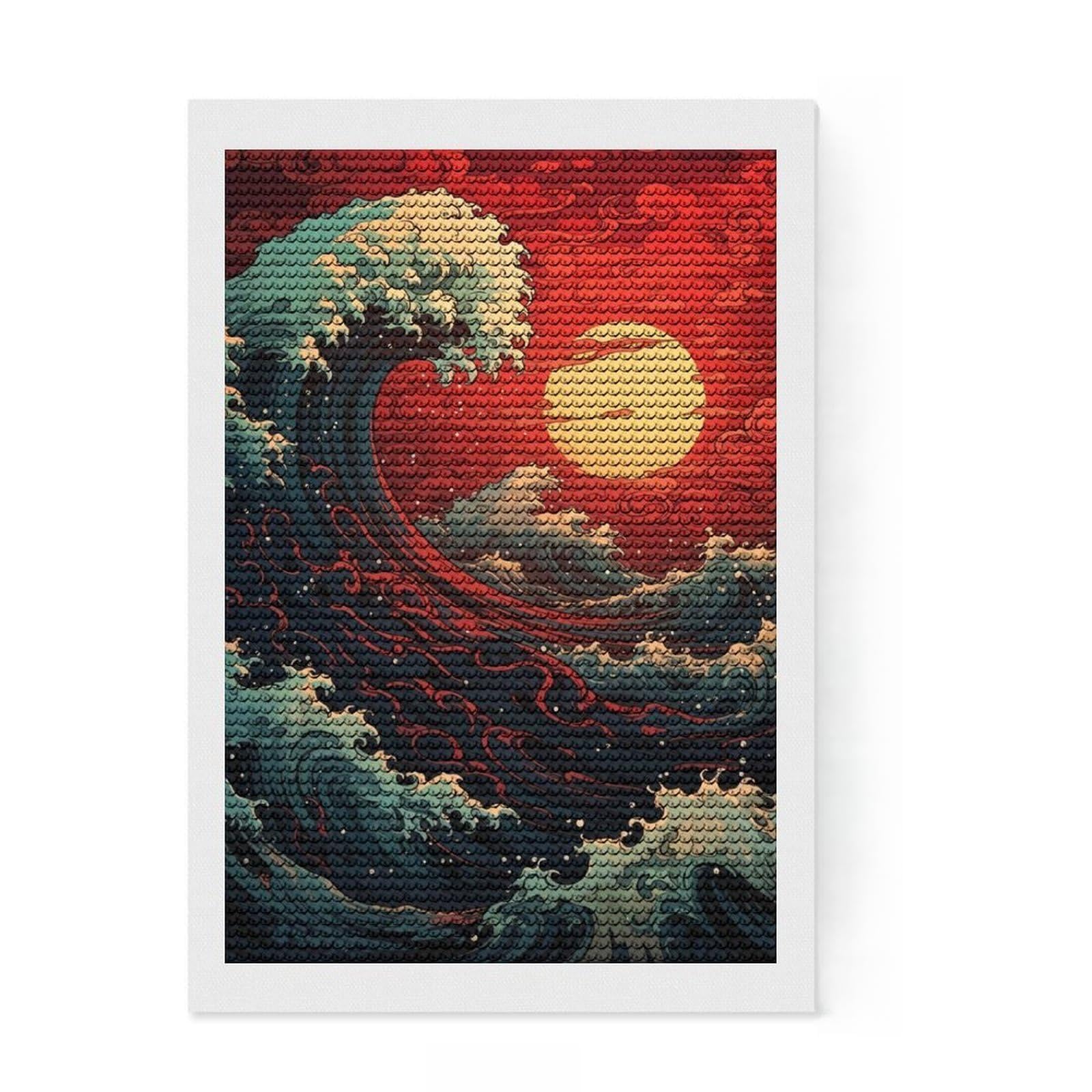 Junmoney Japan Wave Sunset Diamond Painting Set 8"x12", Stress Relief Craft, Simple to Start, Farmhouse Decor, Gift Idea, Easy to Enjoy