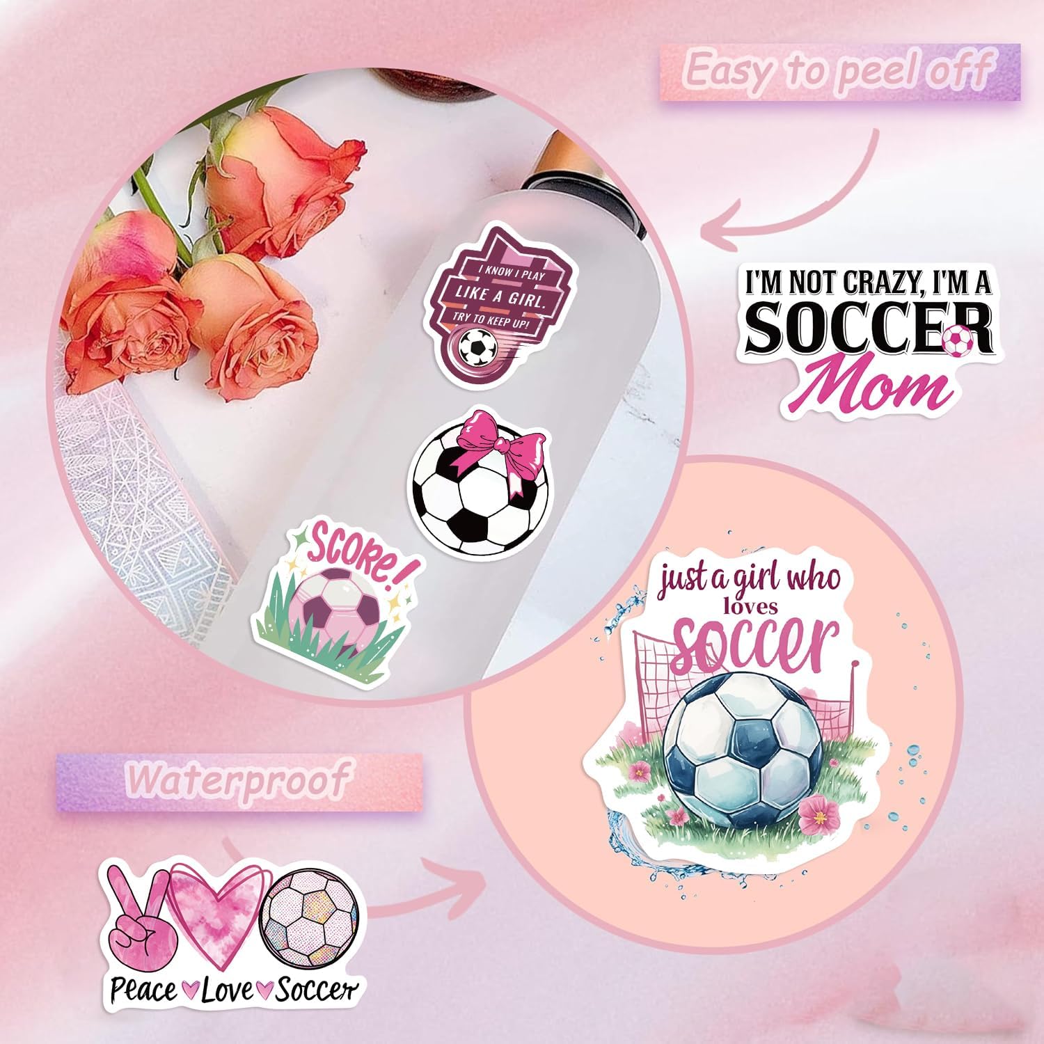 50Pcs Pink Soccer Stickers for Women - Vinyl Waterproof Football Decals for Laptops, Water Bottles, Journals | Cute Sporty Gift for Female Athletes, Players, Teens Girls image 3
