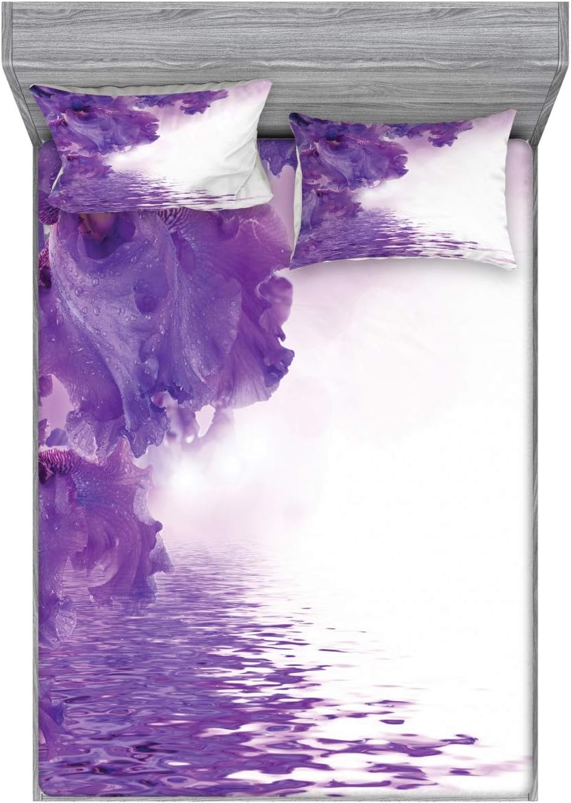 Ambesonne Flower Fitted Sheet & Pillow Sham Set, Iris Flowers Petals Against The Water River Nature Image, Decorative Printed 3 Piece Bedding Decor Set, Full, Violet White
