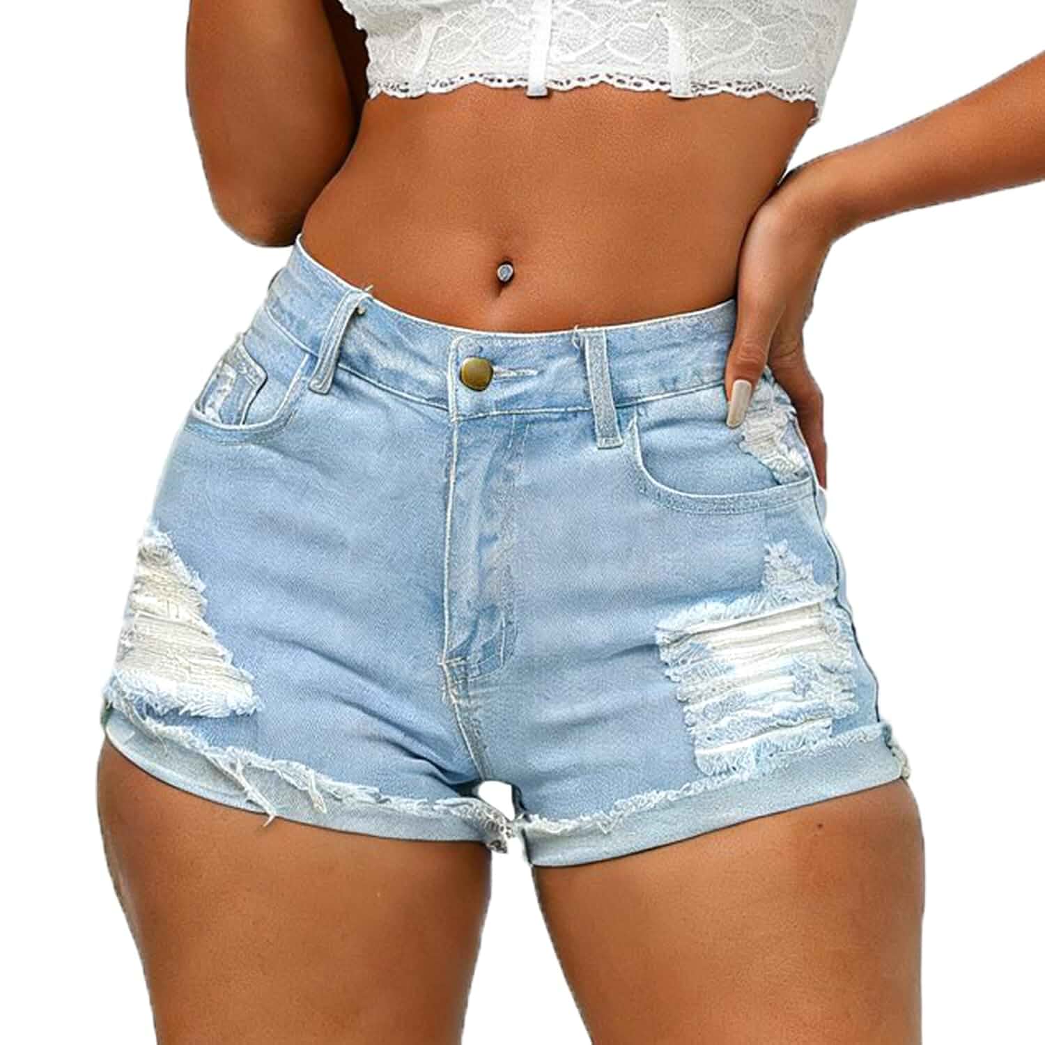 Syydn Women Mid Rise Stretchy Denim Shorts Ripped Hem Folded Frayed Distressed Short Jeans