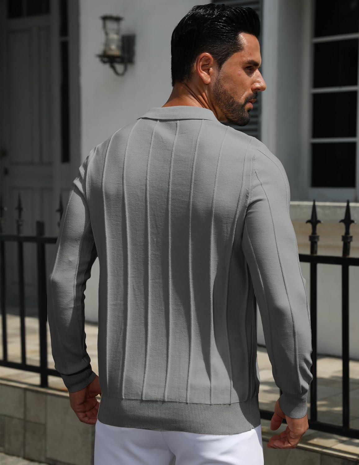 MioRoim Men's Knit Polo Shirts Casual Long Sleeve Polo Sweater Cable Ribbed Knitted Sweaters Vintage Golf Pullover Shirt - Image 3