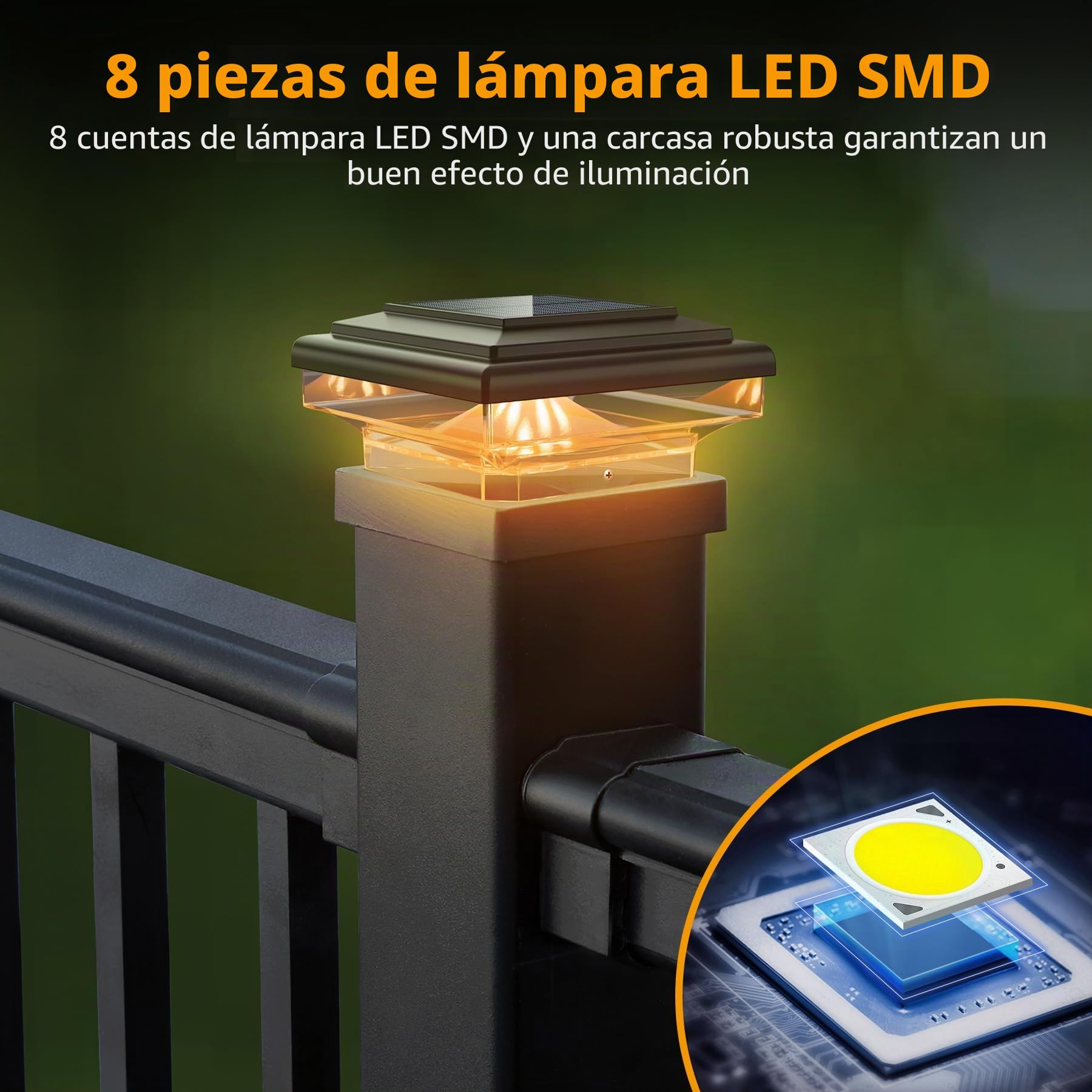Lámparas de Columna Solar para Postes 7x7 8x8 9x9 10x10cm, 4 Piezas | Tapa de Poste con 8 LEDs Blanco Cálido, Impermeables para Vallas Exteriores