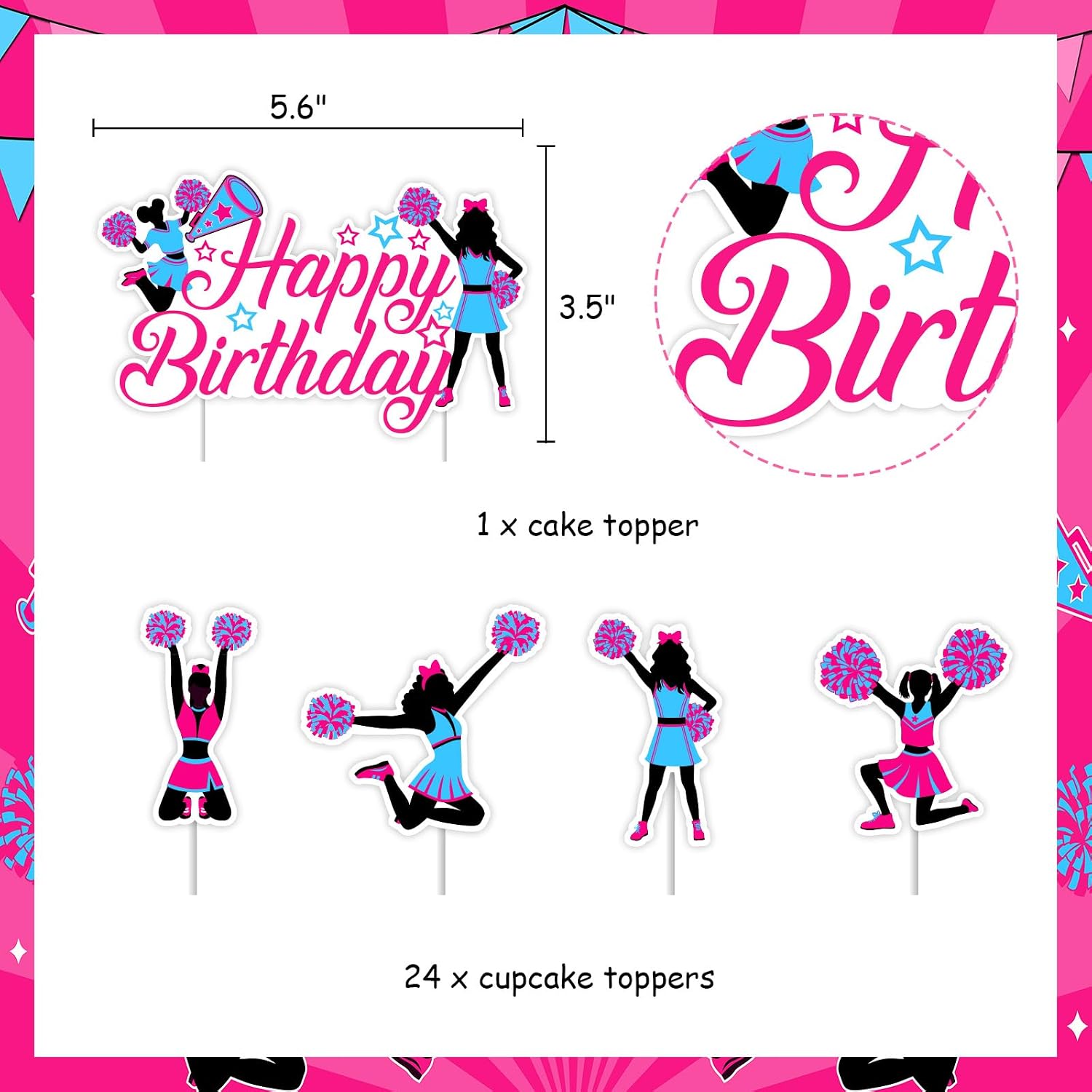 25Pcs Cheerleading Birthday Cake Decorations, Pink Blue Happy Birthday Cake Topper Cheerleader Cupcake Toppers for Girl, Double Sided Gymnastic Dance Themed Party Supplies