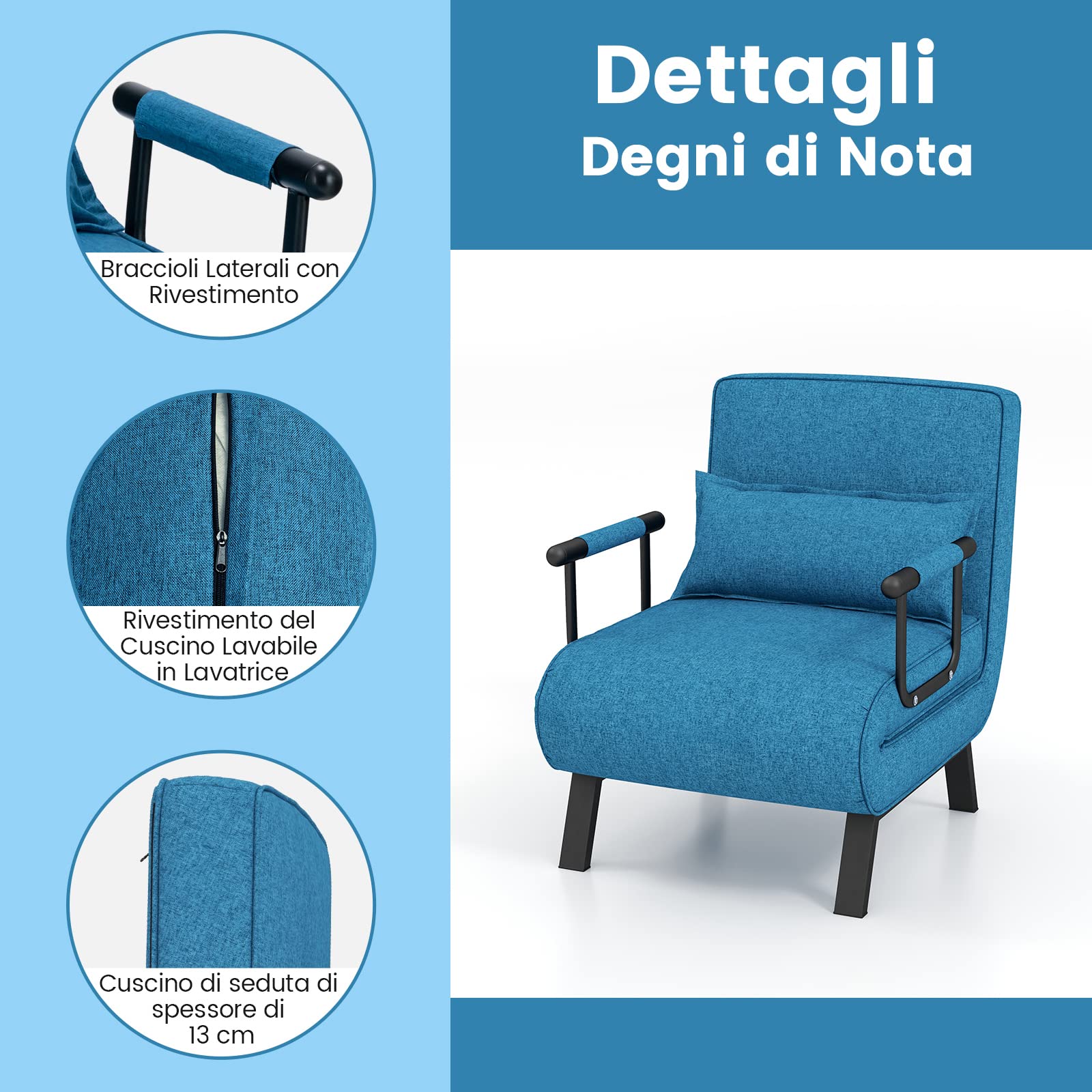 COSTWAY Poltrona Letto, 4 in 1 Poltroncina Pieghevole con Schienale Regolabile in 6 Posizioni, Sedile Imbottito Robusto, Divano Letto Singolo per Casa Ufficio, 79x65x79 cm (Blu)